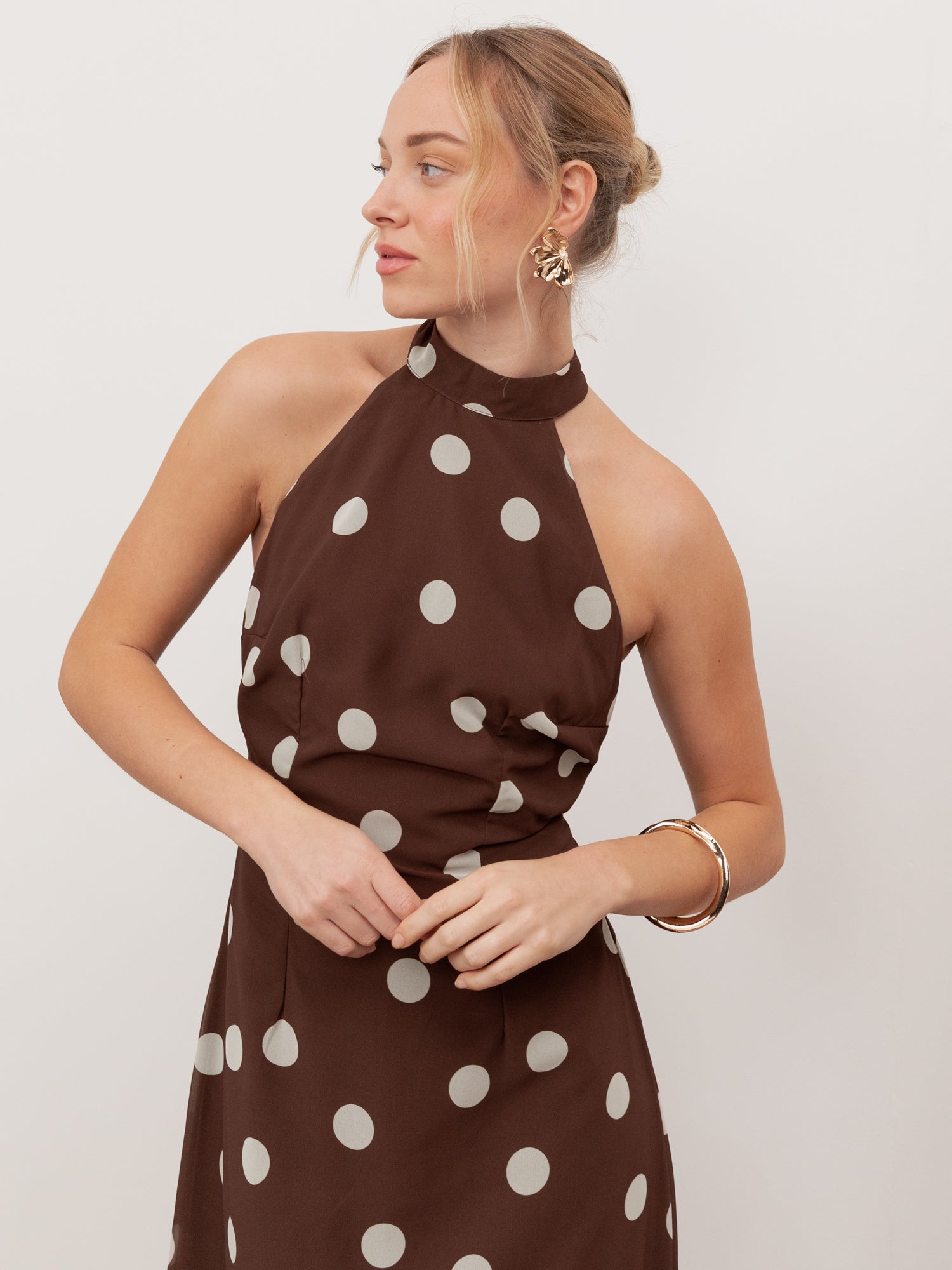 halter neck brown polka dot dress Halter Polka Dot Ruffle Maxi Dress Brown