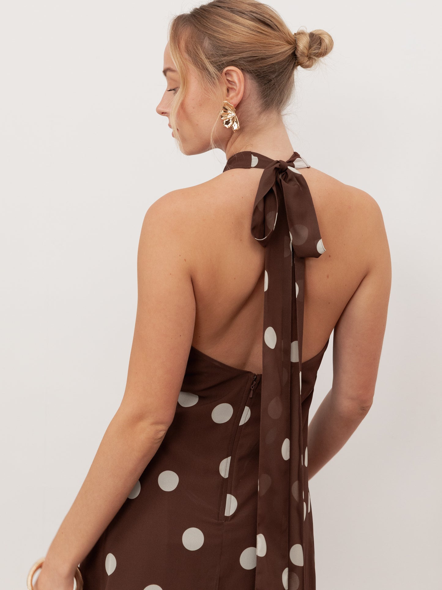 Anaya With Love Recycled Brown Polka Dot Halter Neck & Open Back Maxi Dress