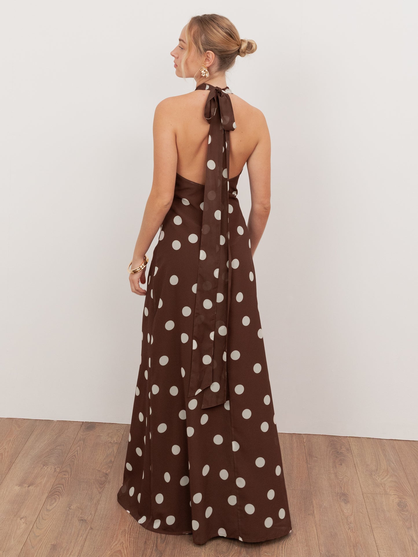 Anaya With Love Recycled Brown Polka Dot Halter Neck & Open Back Maxi Dress