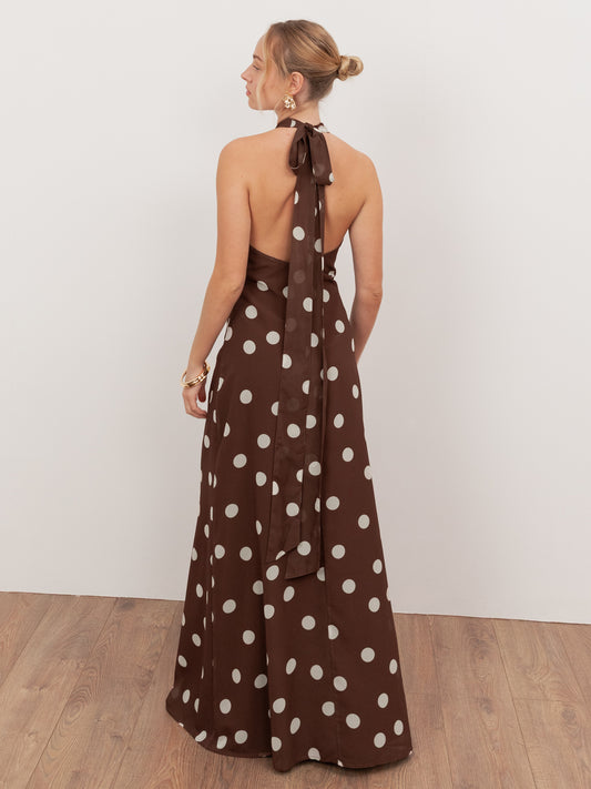 Anaya With Love Recycled Brown Polka Dot Halter Neck & Open Back Maxi Dress