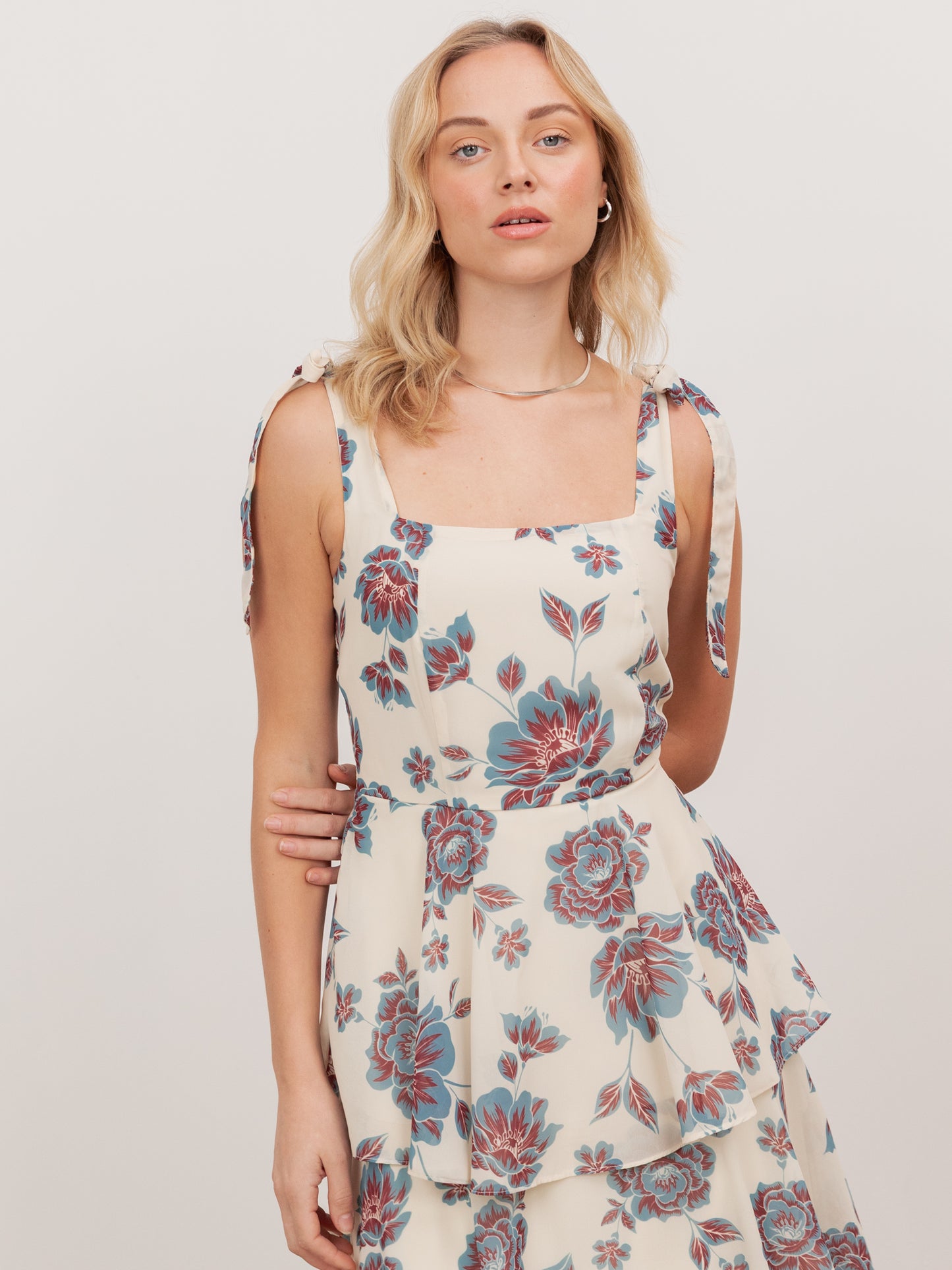 Anaya With Love Recycled Floral Print Tie-Shoulder Tiered Maxi Dress