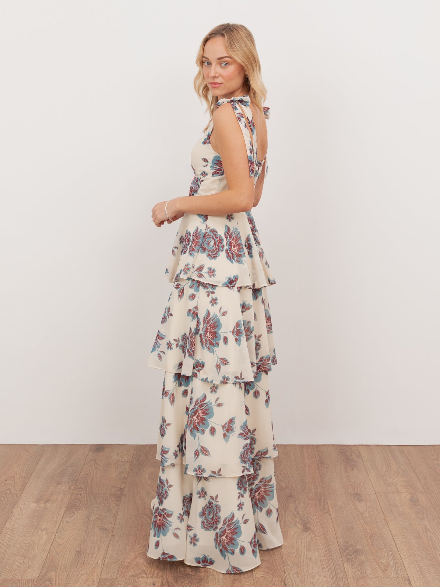 Anaya With Love Recycled Floral Print Tie-Shoulder Tiered Maxi Dress