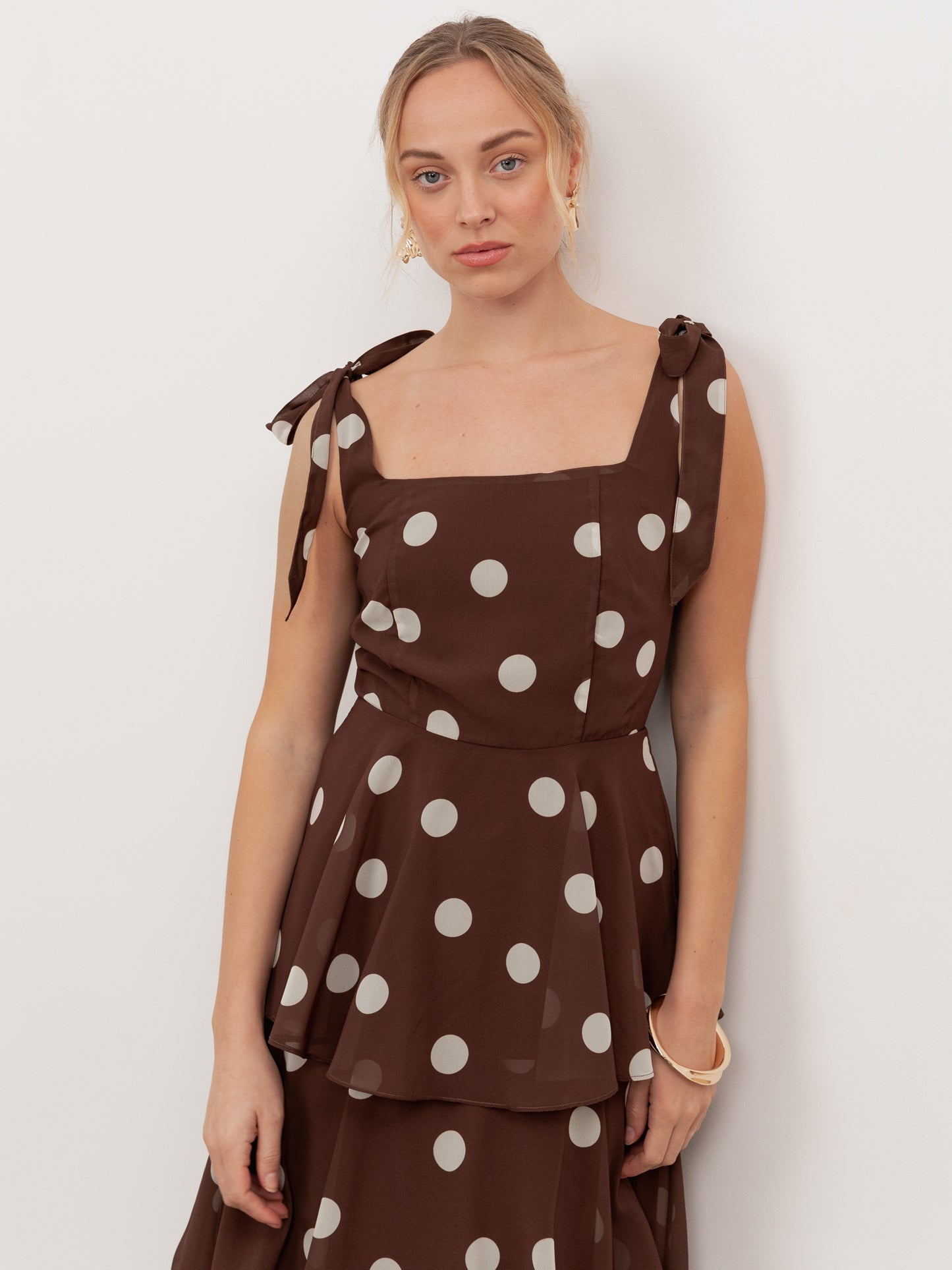 Anaya With Love Recycled Brown Polka Dot Tie-Shoulder Tiered Maxi Dress