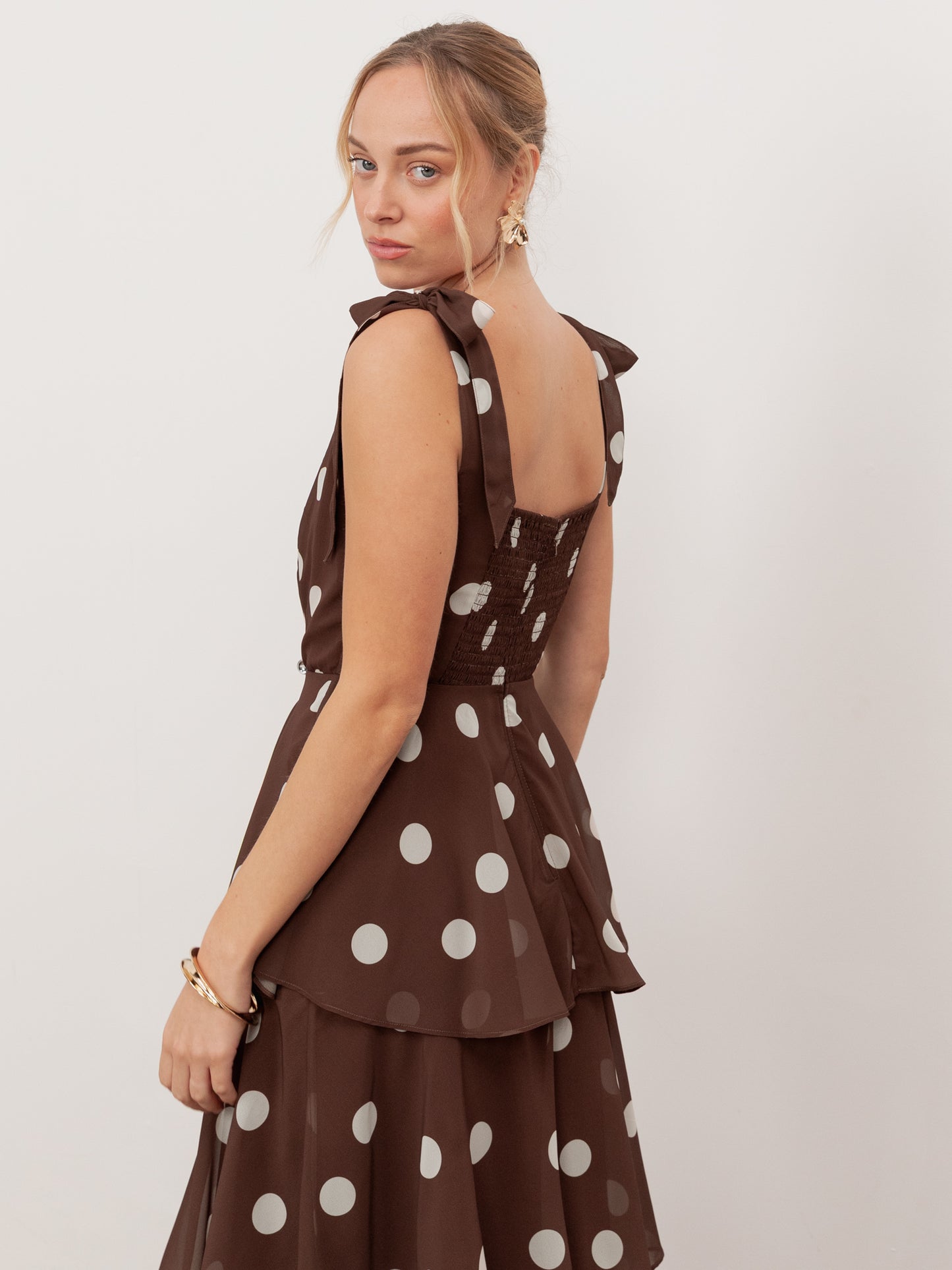 Anaya With Love Recycled Brown Polka Dot Tie-Shoulder Tiered Maxi Dress