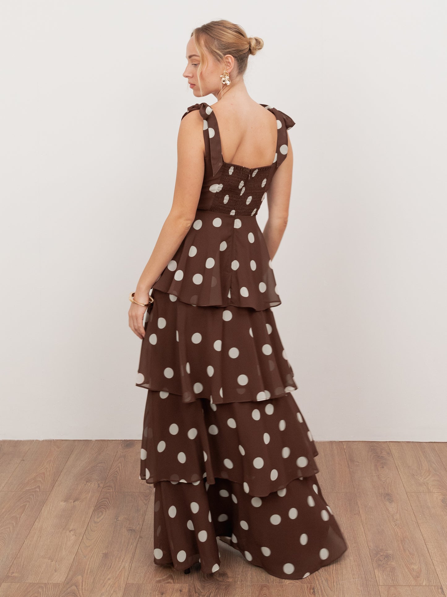 Anaya With Love Recycled Brown Polka Dot Tie-Shoulder Tiered Maxi Dress