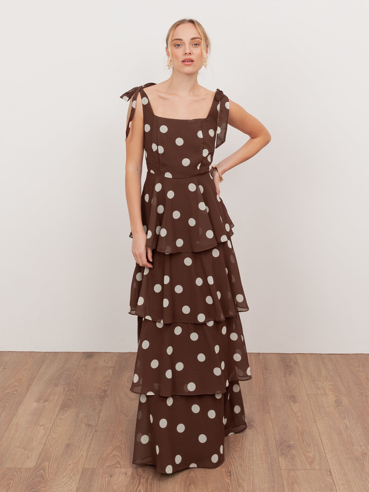 Anaya With Love Recycled Brown Polka Dot Tie-Shoulder Tiered Maxi Dress