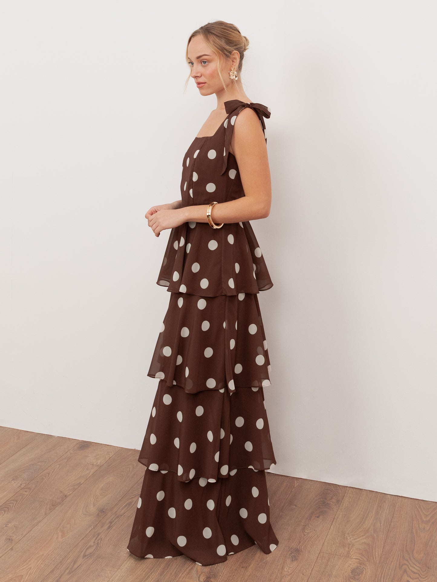 Anaya With Love Recycled Brown Polka Dot Tie-Shoulder Tiered Maxi Dress
