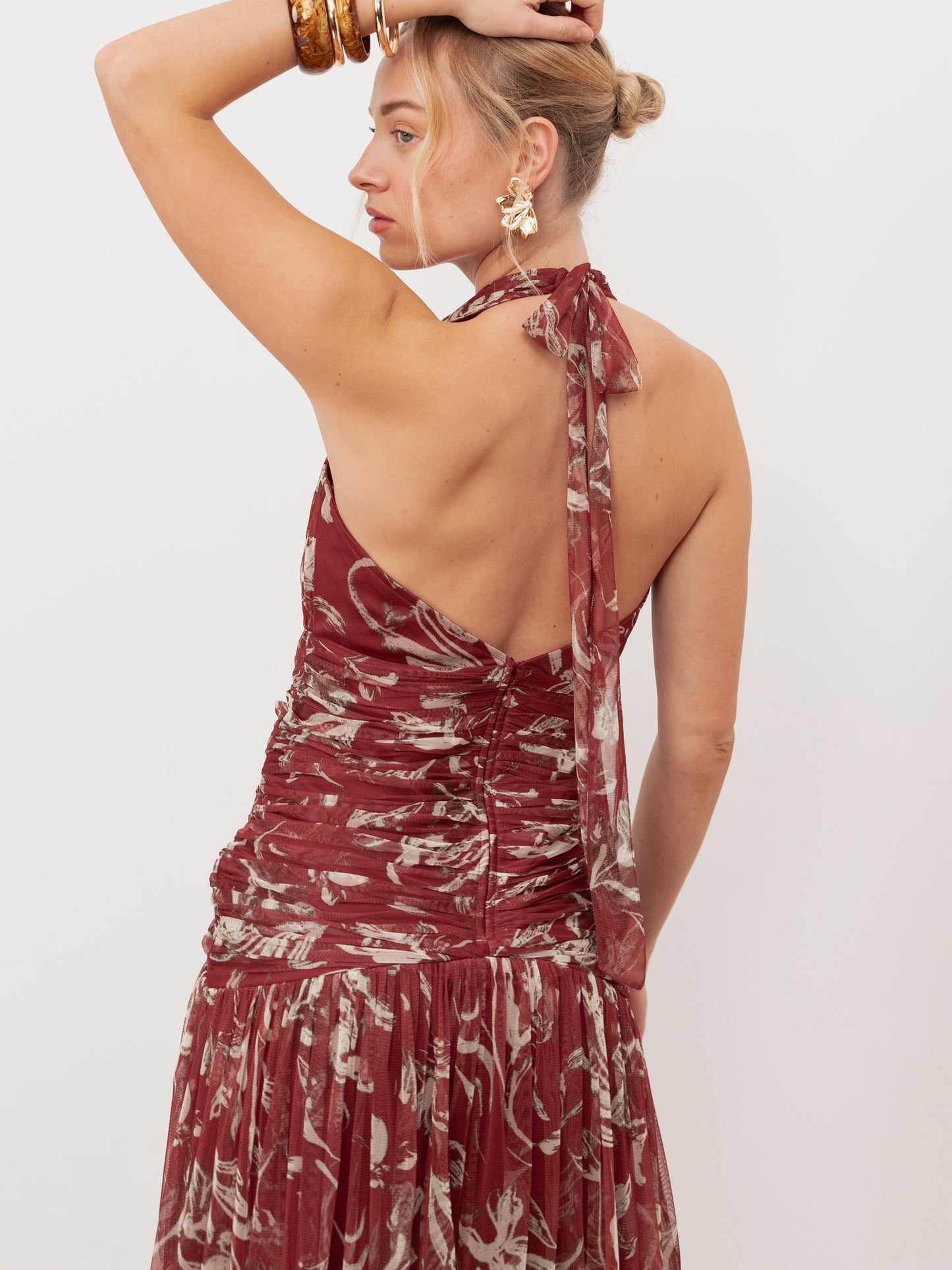 Anaya With Love Recycled Rust Floral Ruched Halter Neck Midaxi Dress