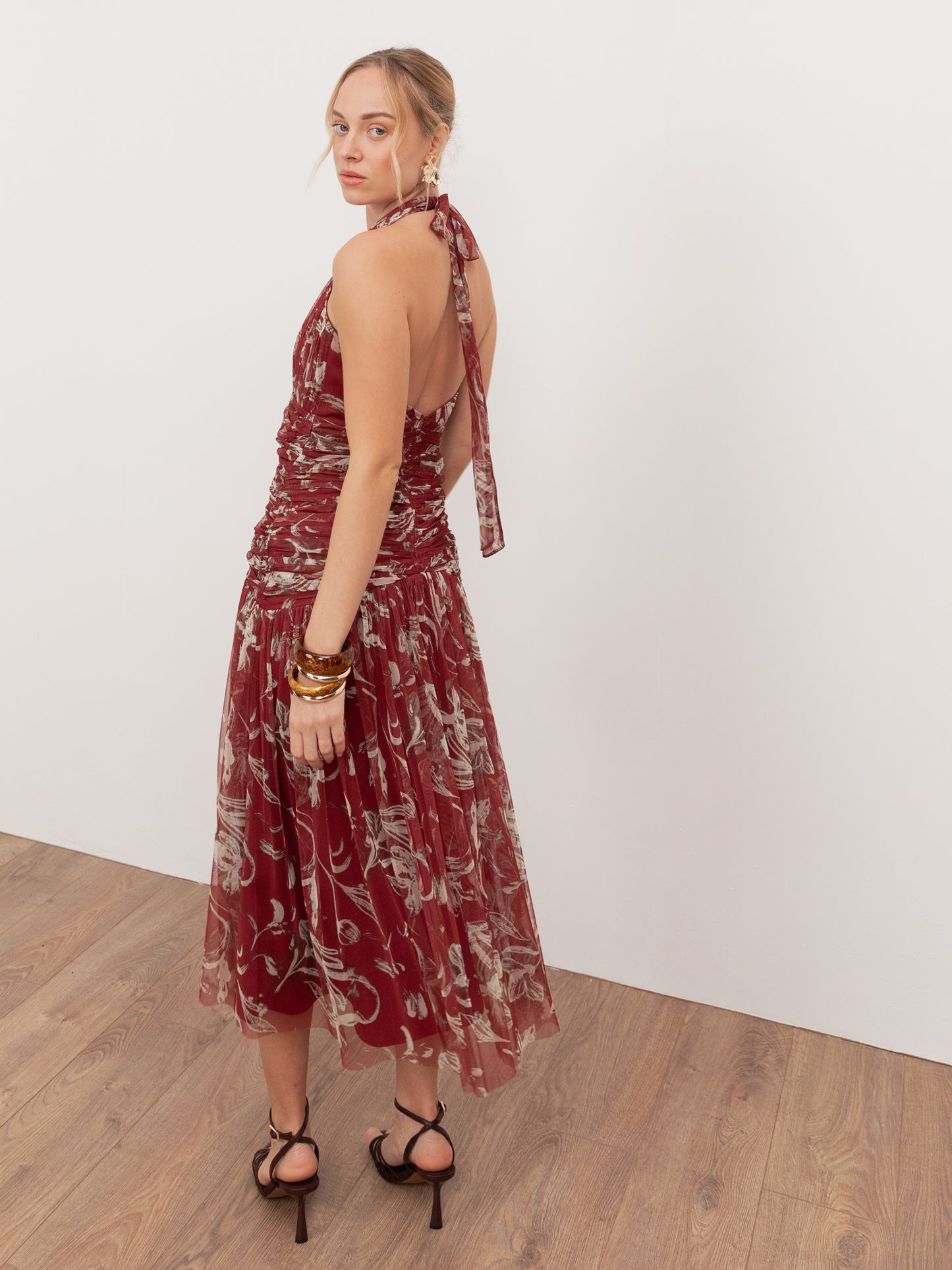 Anaya With Love Recycled Rust Floral Ruched Halter Neck Midaxi Dress