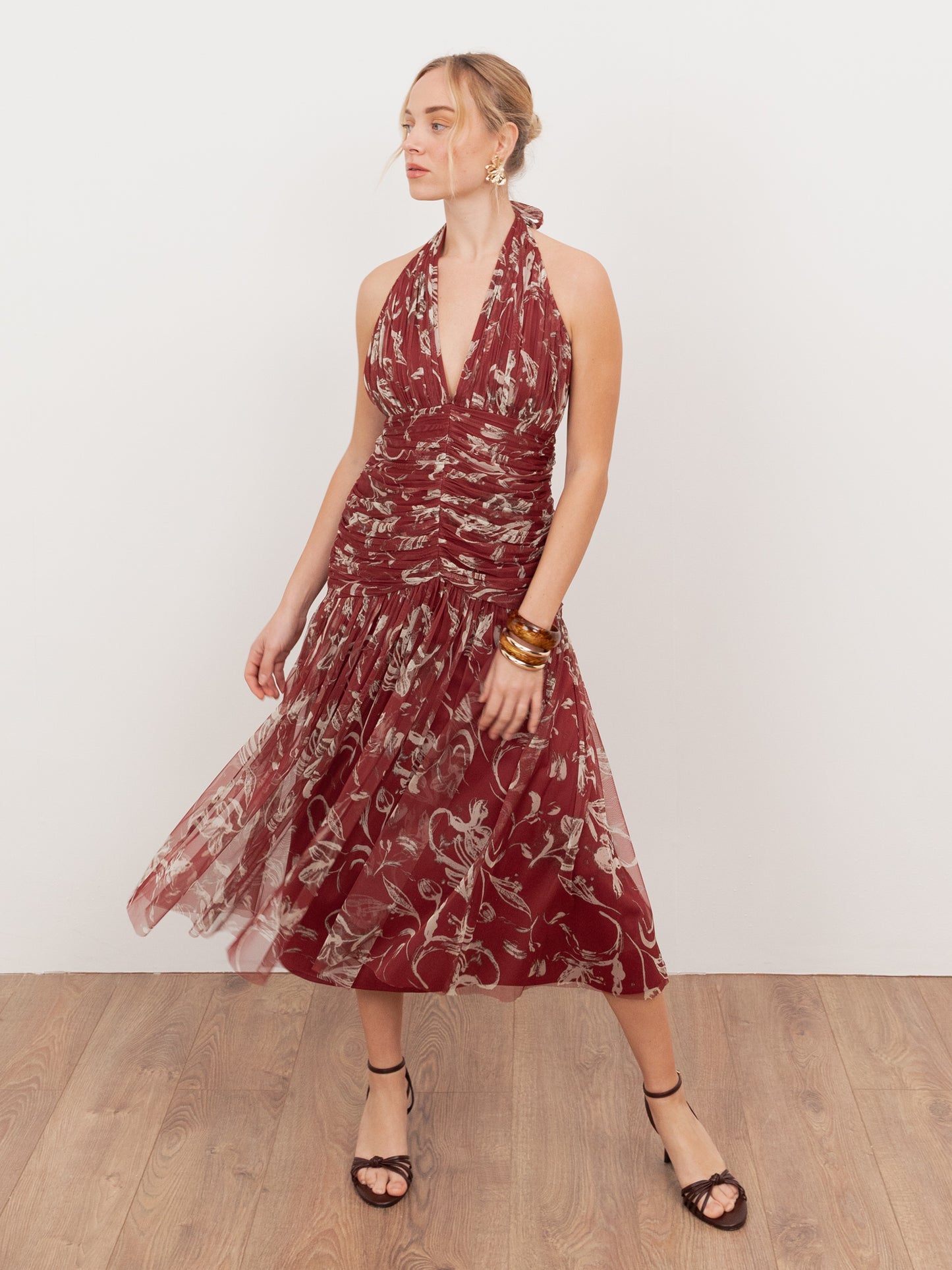 Anaya With Love Recycled Rust Floral Ruched Halter Neck Midaxi Dress