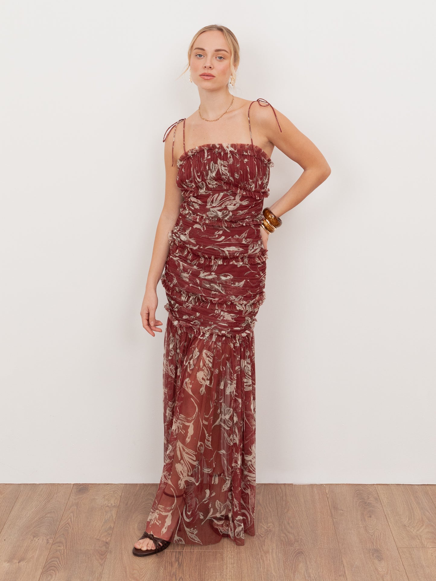Anaya With Love Recycled Rust Floral Square Neck Ruched Maxi Dress