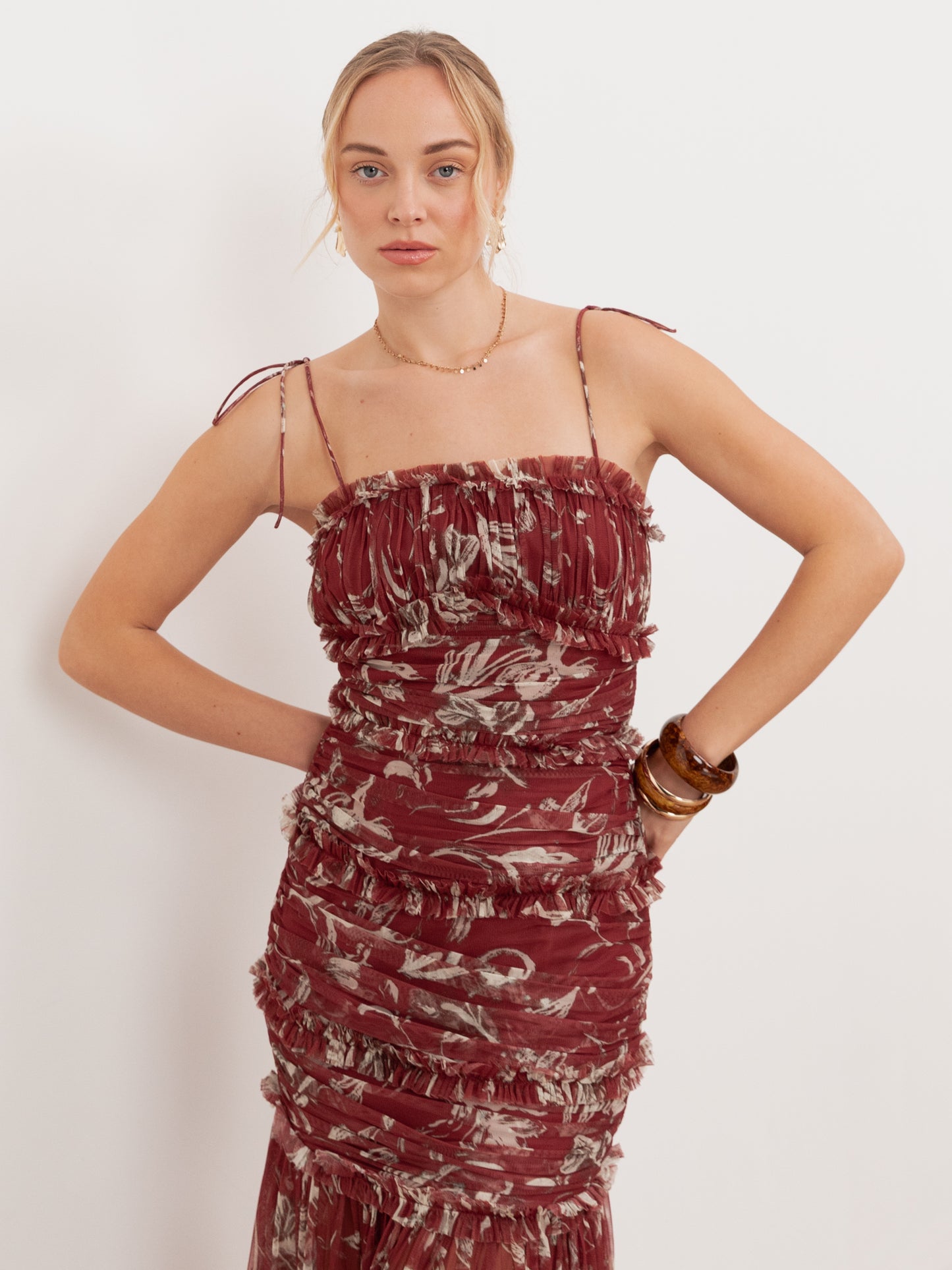 Anaya With Love Recycled Rust Floral Square Neck Ruched Maxi Dress