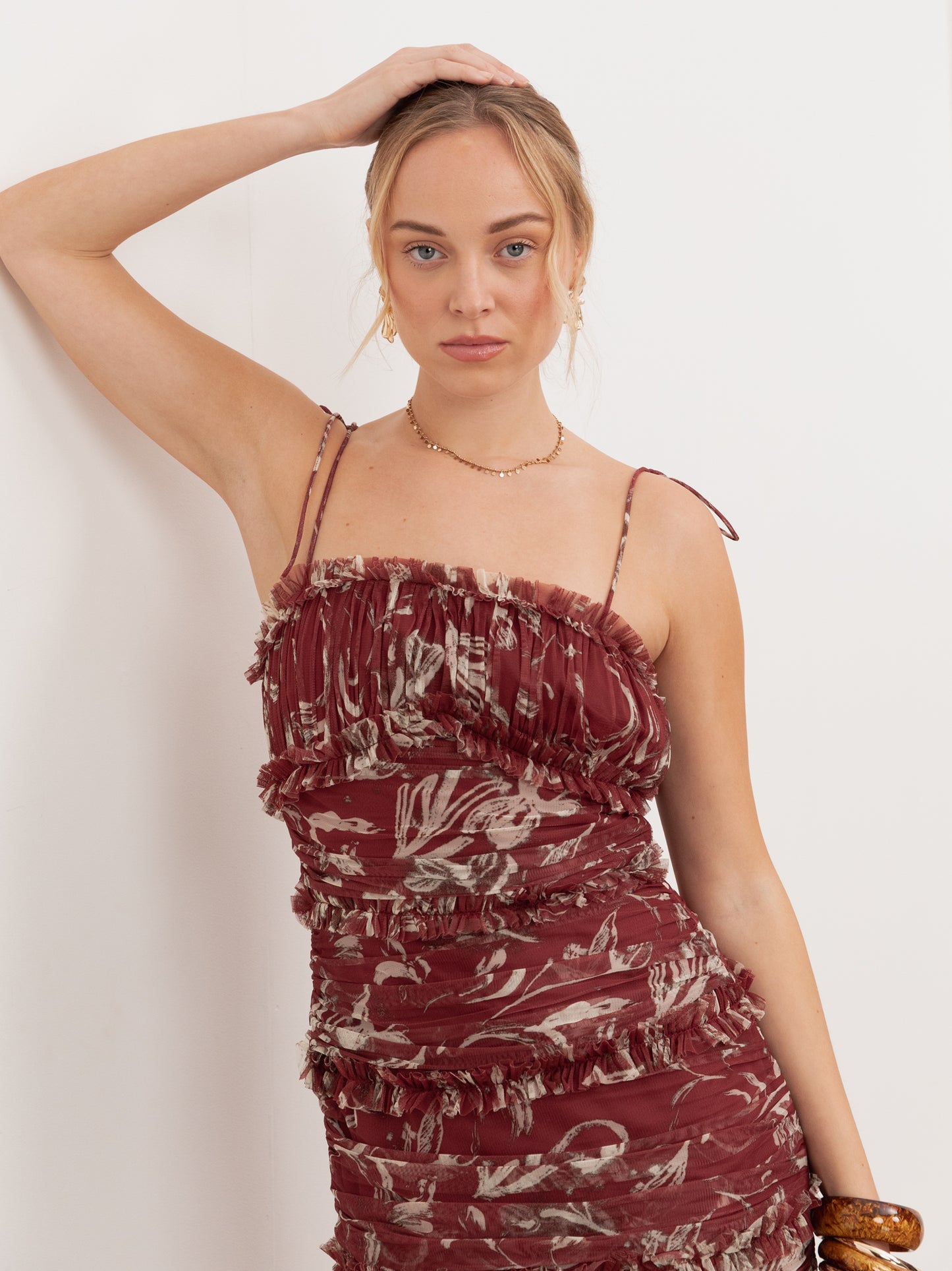 Anaya With Love Recycled Rust Floral Square Neck Ruched Maxi Dress