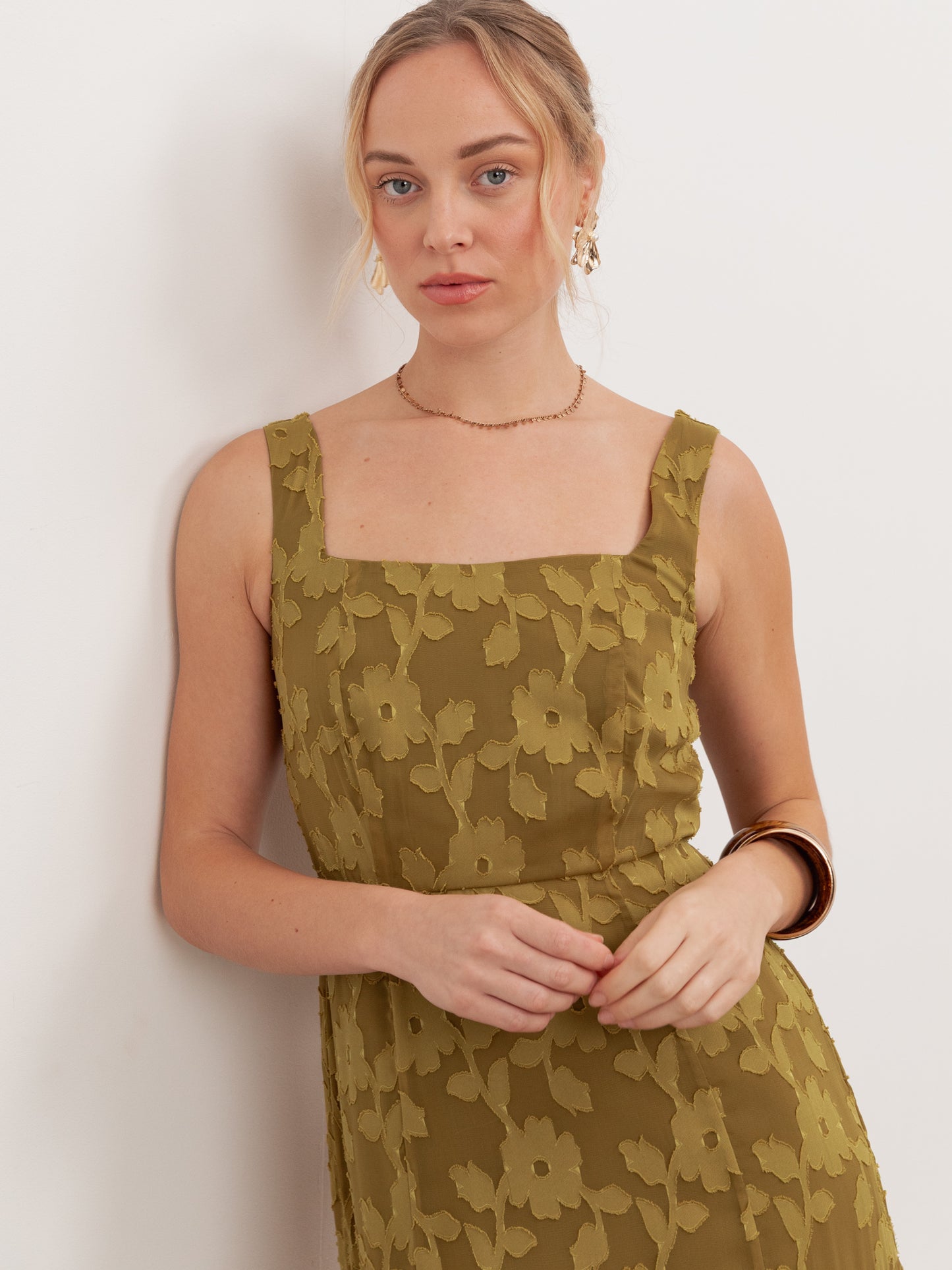 Anaya With Love Recycled Golden Olive Floral Burnout Square Neck Tiered Midaxi Dress