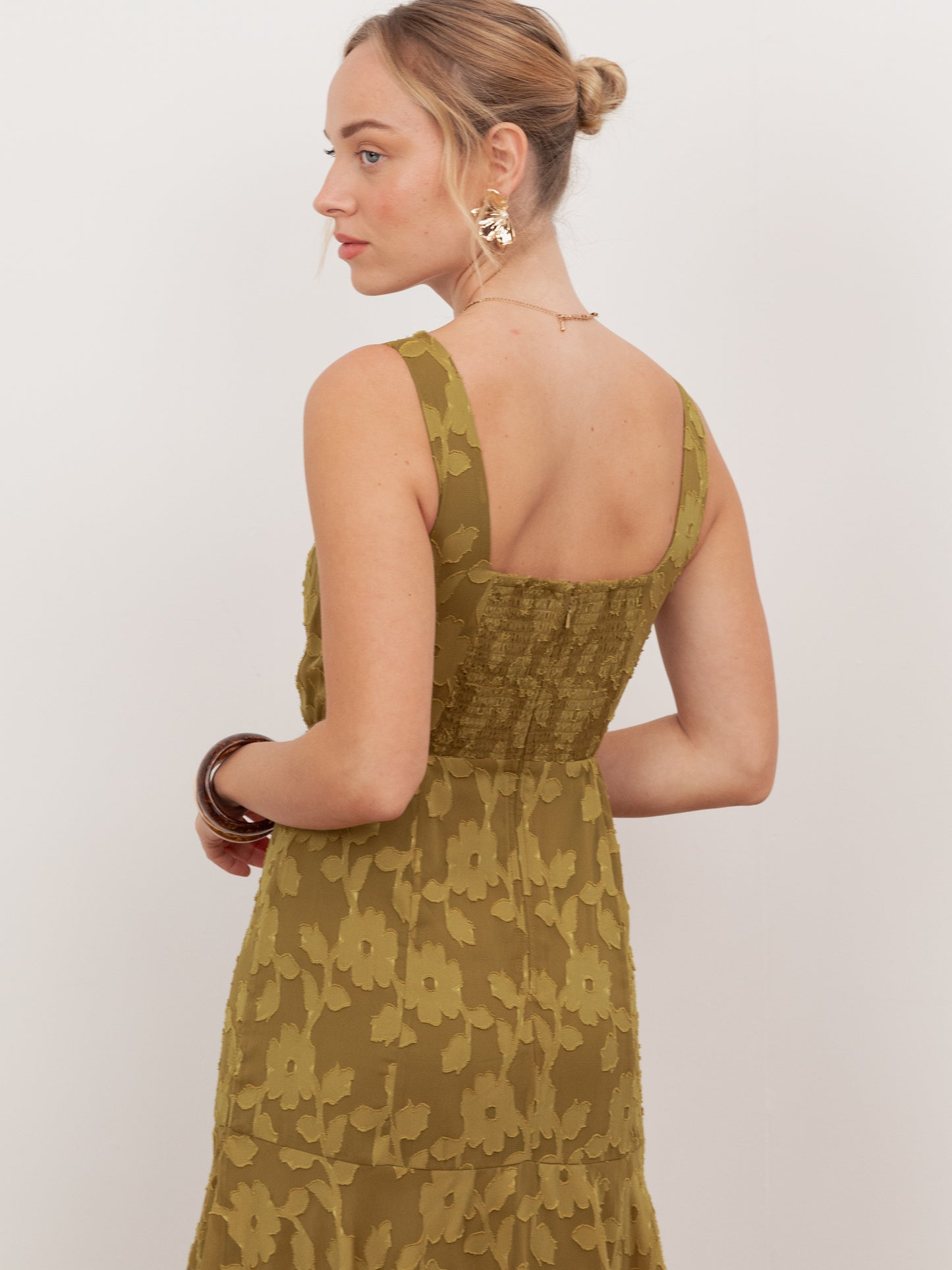 Anaya With Love Recycled Golden Olive Floral Burnout Square Neck Tiered Midaxi Dress