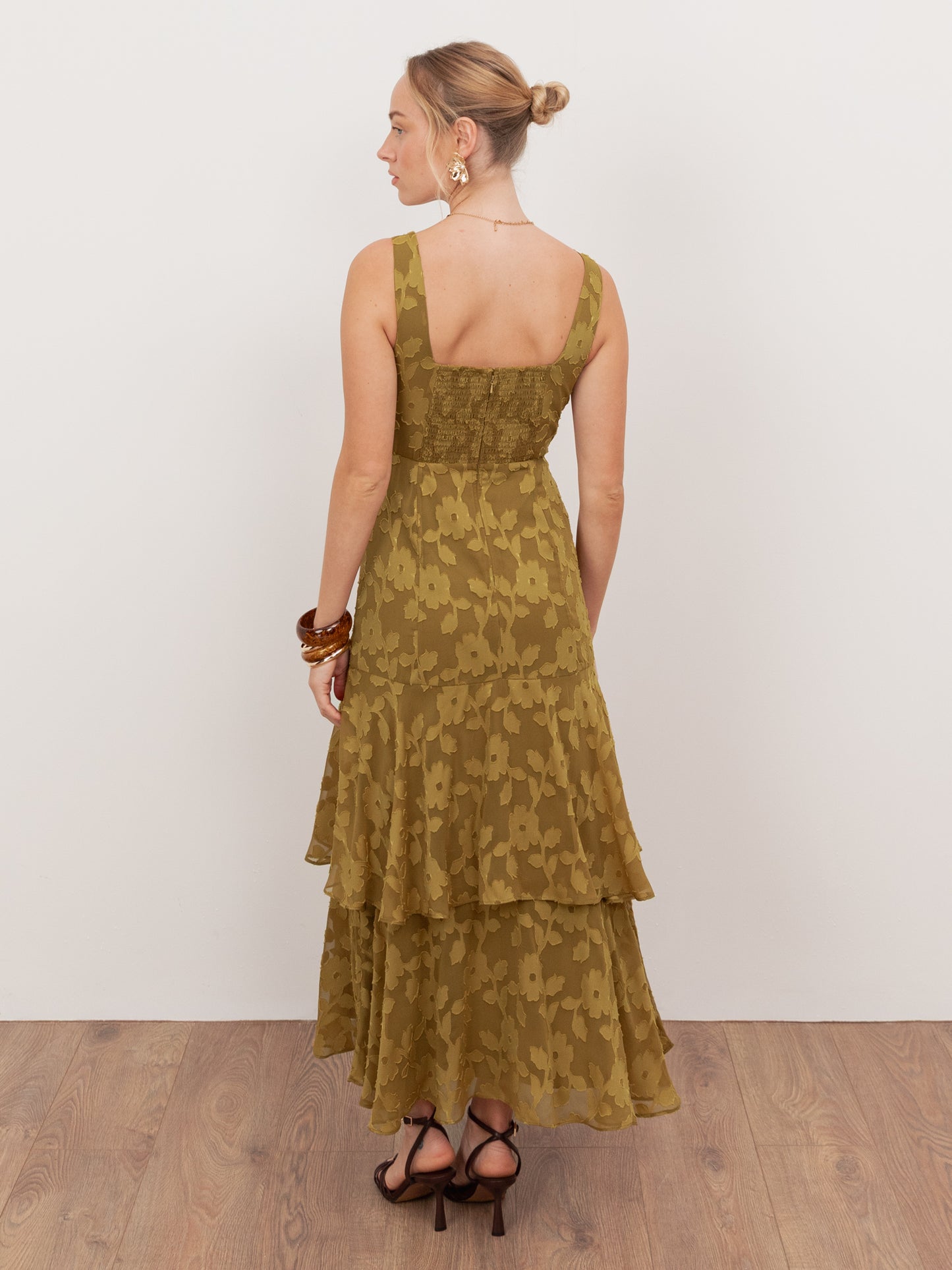 Anaya With Love Recycled Golden Olive Floral Burnout Square Neck Tiered Midaxi Dress
