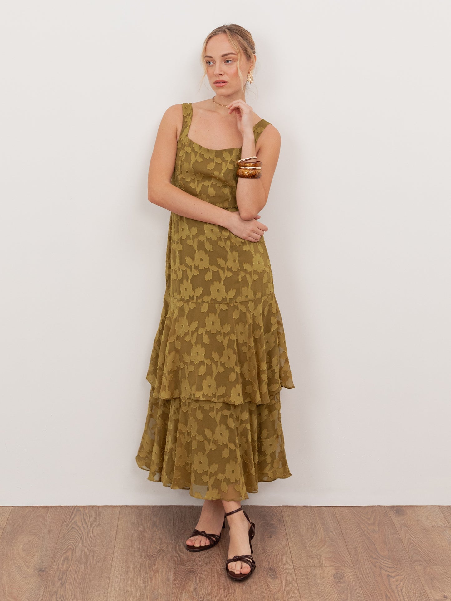 Anaya With Love Recycled Golden Olive Floral Burnout Square Neck Tiered Midaxi Dress