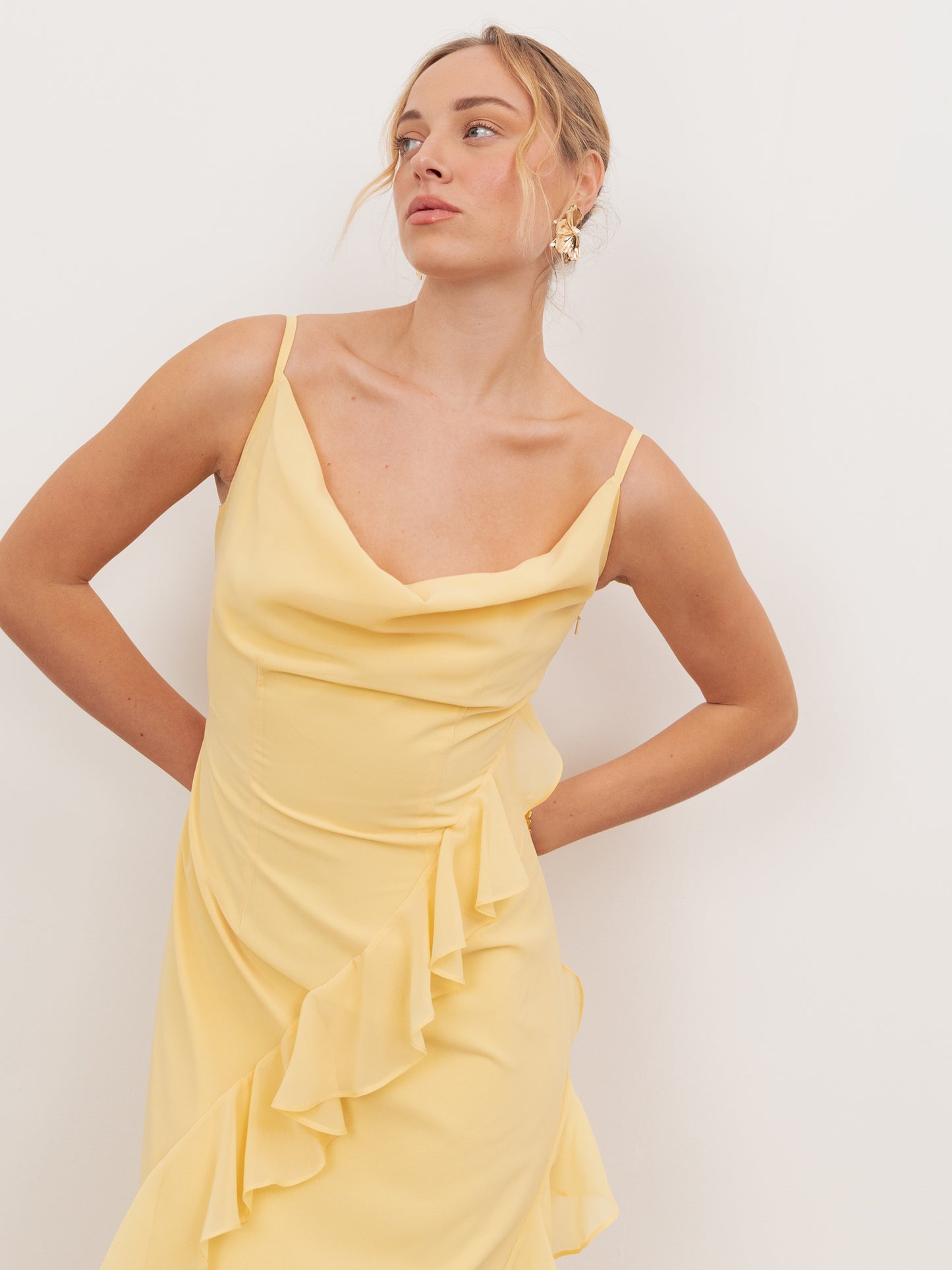 Anaya With Love Recycled Butter Yellow Waterfall Ruffle Cowl Neck Cami Maxi Dress