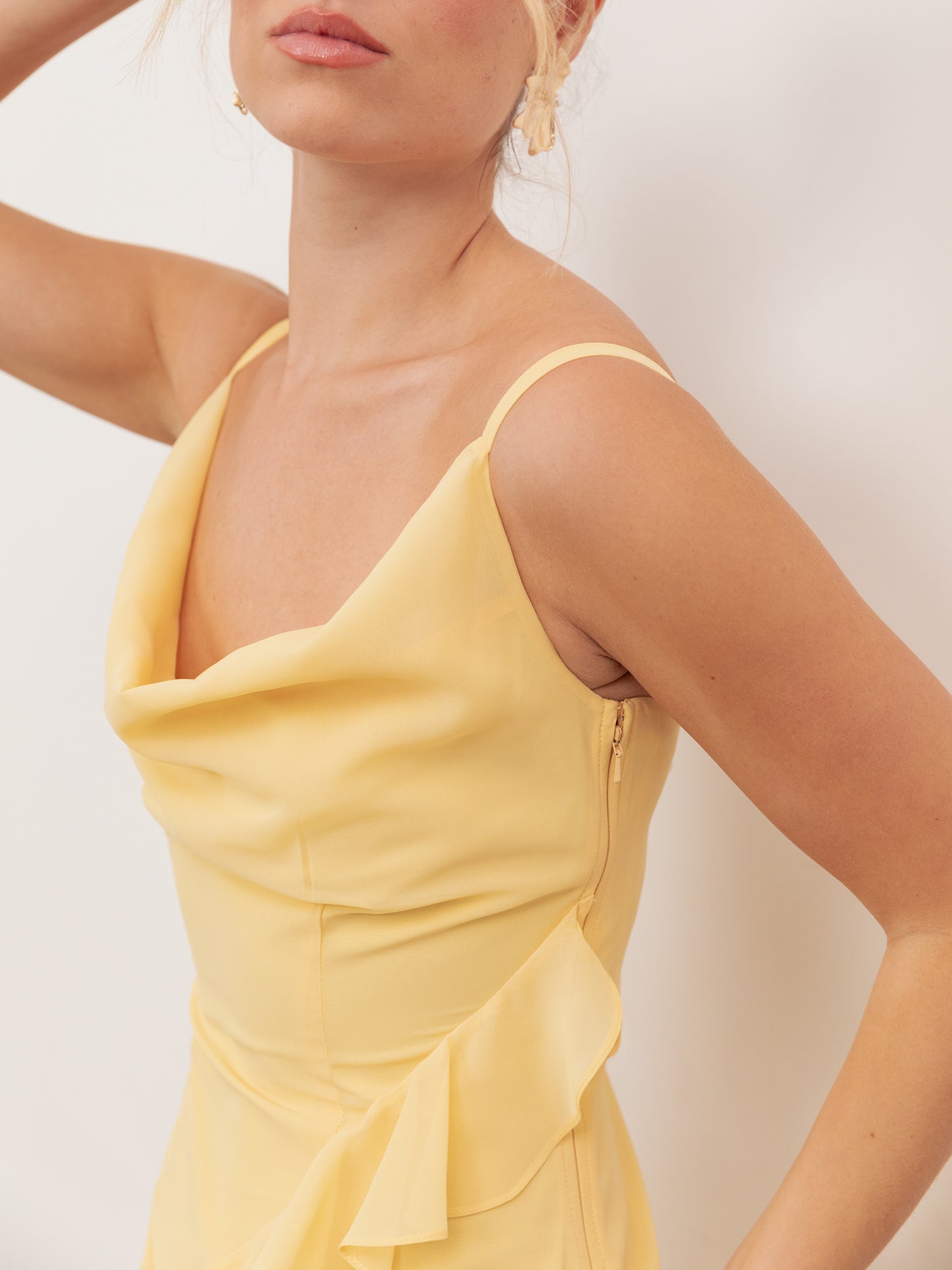 Anaya With Love Recycled Butter Yellow Waterfall Ruffle Cowl Neck Cami Maxi Dress