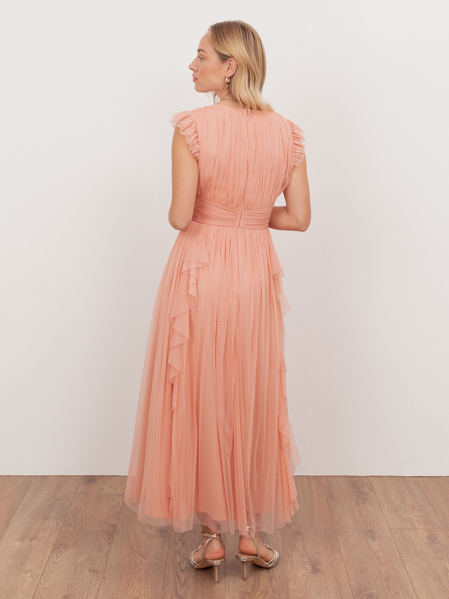 Anaya With Love Recycled Peach V Neck Midaxi Dress with Waterfall Ruffle Detail