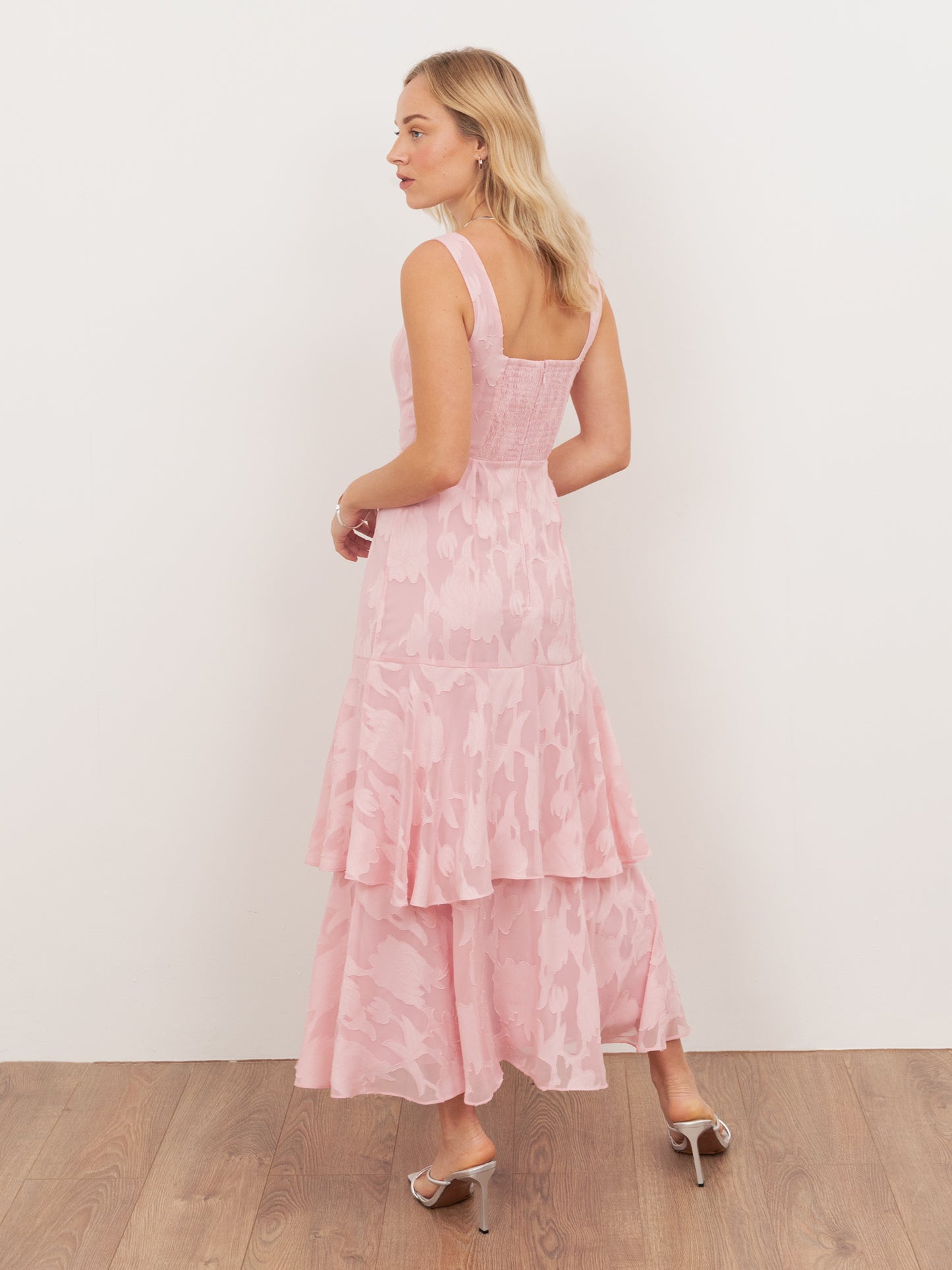 Anaya With Love Recycled Peony Pink Floral Burnout Square Neck Tiered Midaxi Dress