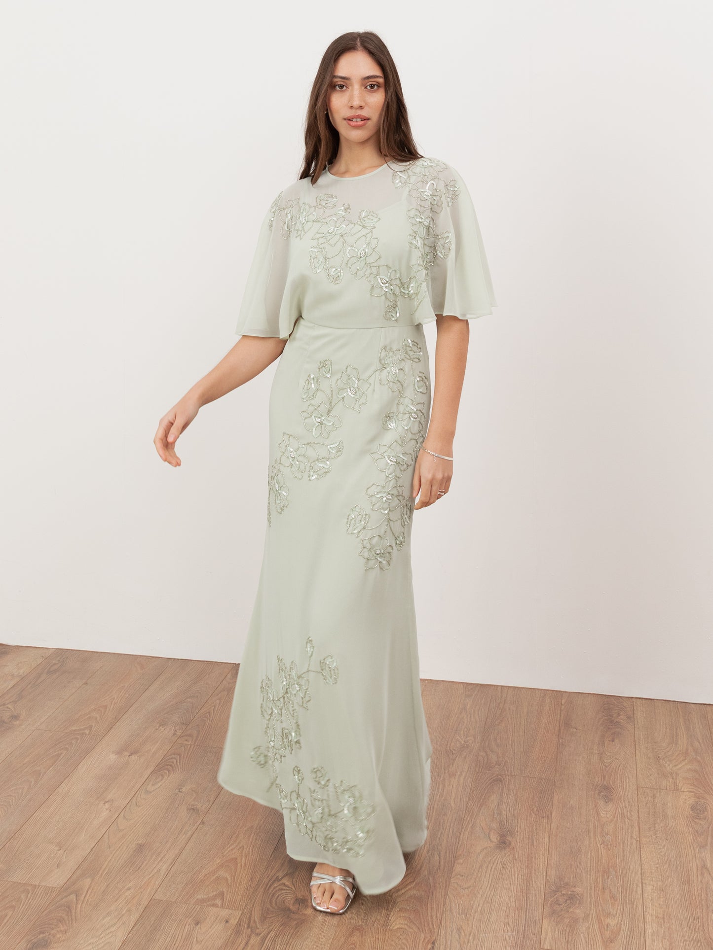 Maya Meadow Green Floral Embellished Angel Sleeve Maxi Dress
