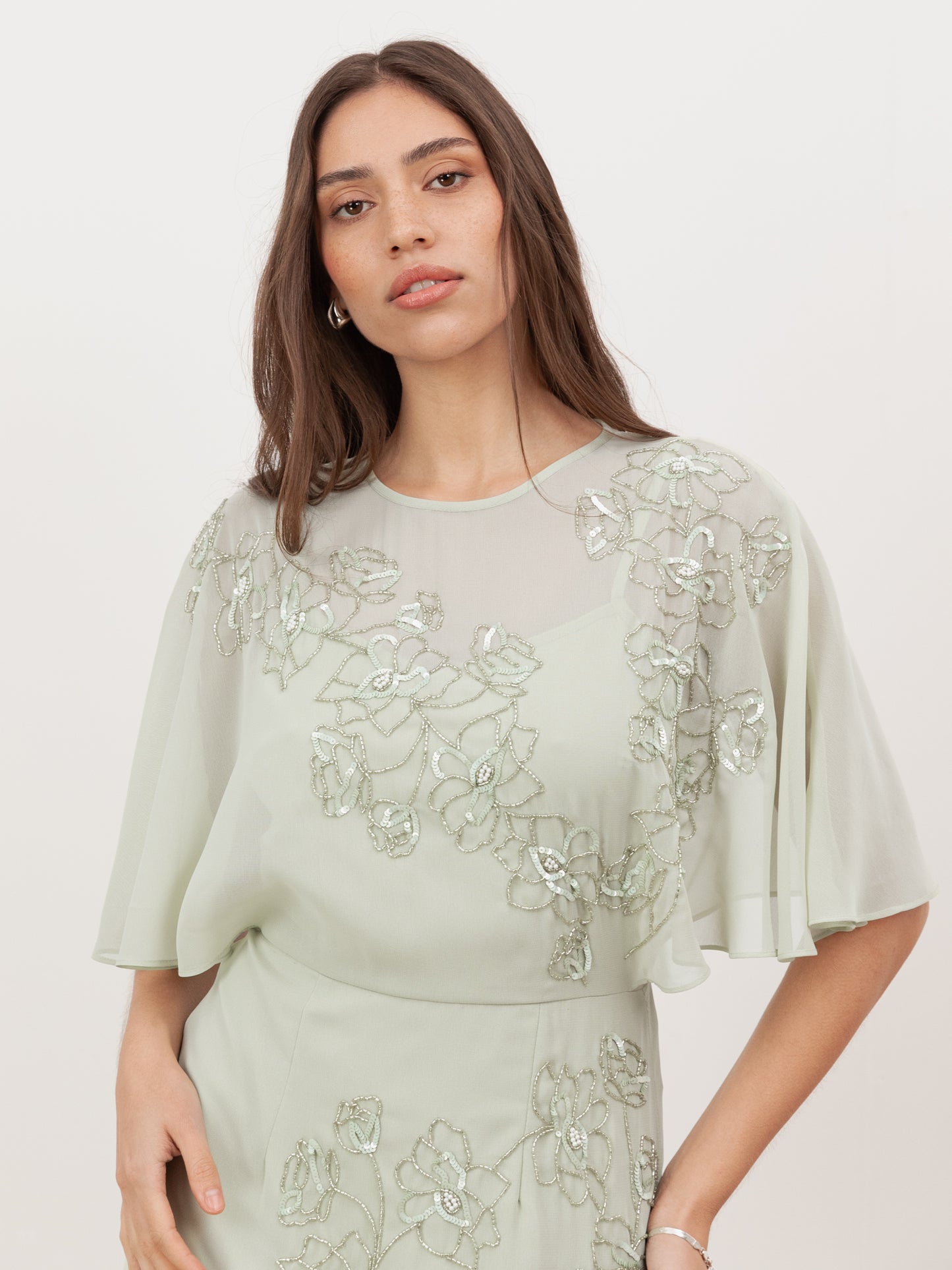 Maya Meadow Green Floral Embellished Angel Sleeve Maxi Dress