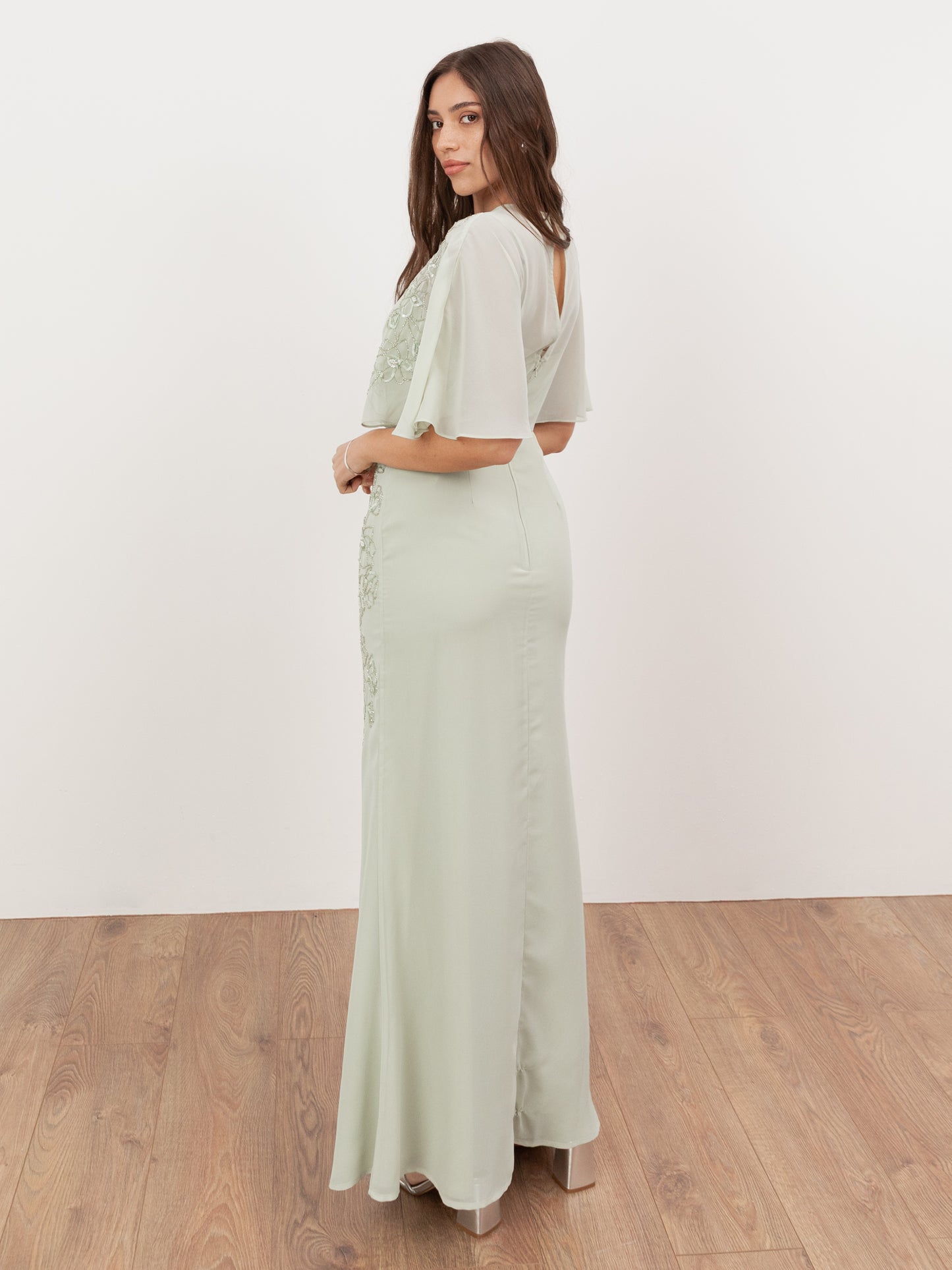 Maya Meadow Green Floral Embellished Angel Sleeve Maxi Dress