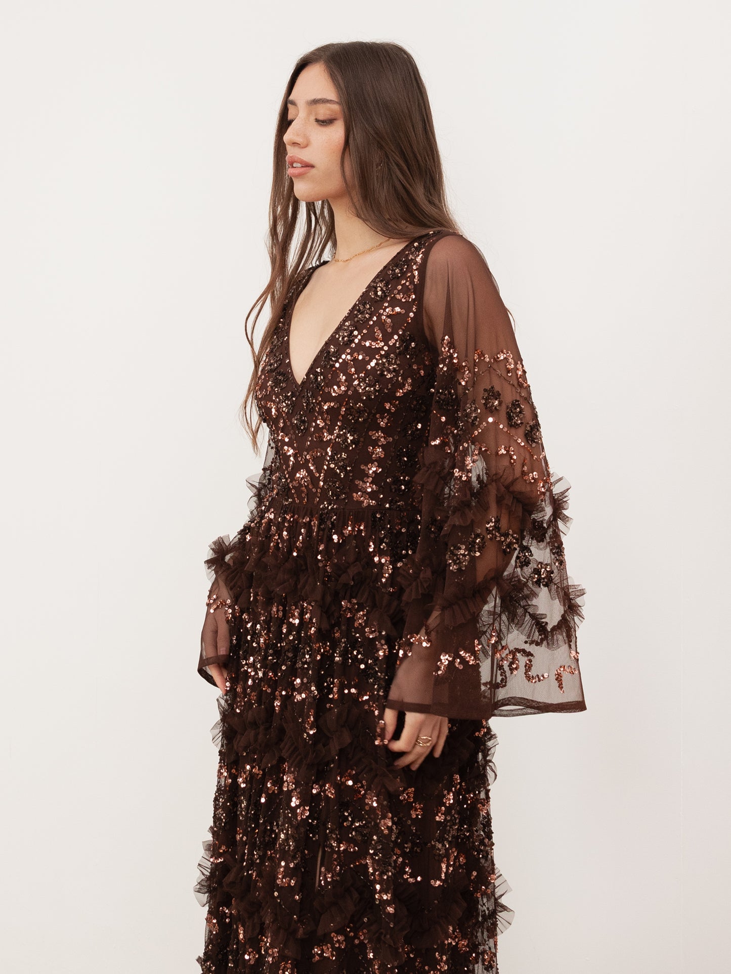 Maya Chocolate Fully Embellished Maxi Dress with Frill Detail