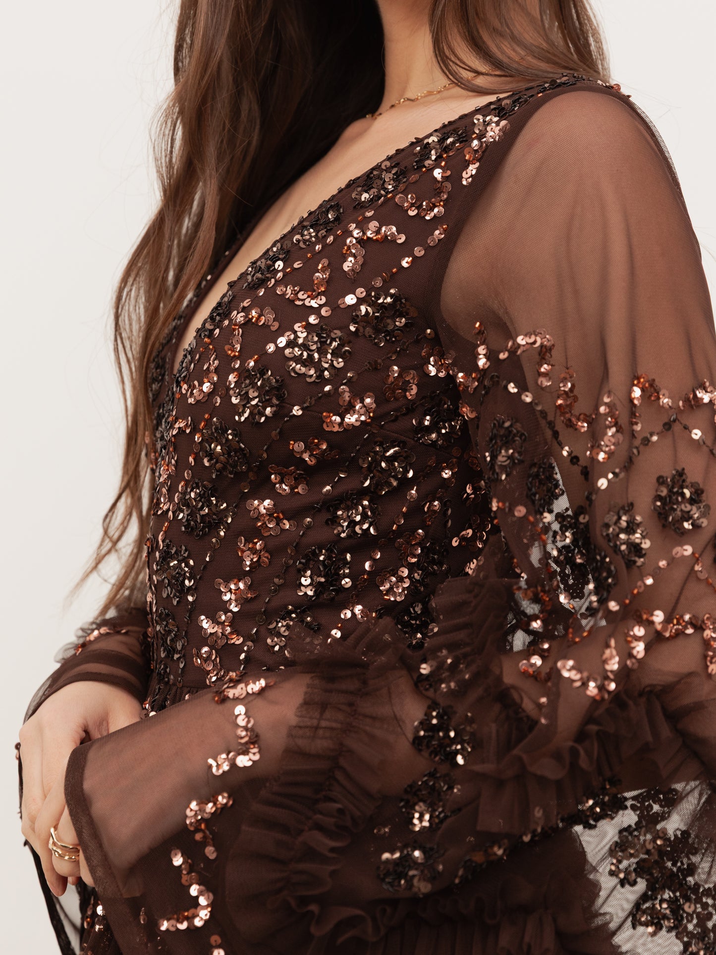 Maya Chocolate Fully Embellished Maxi Dress with Frill Detail