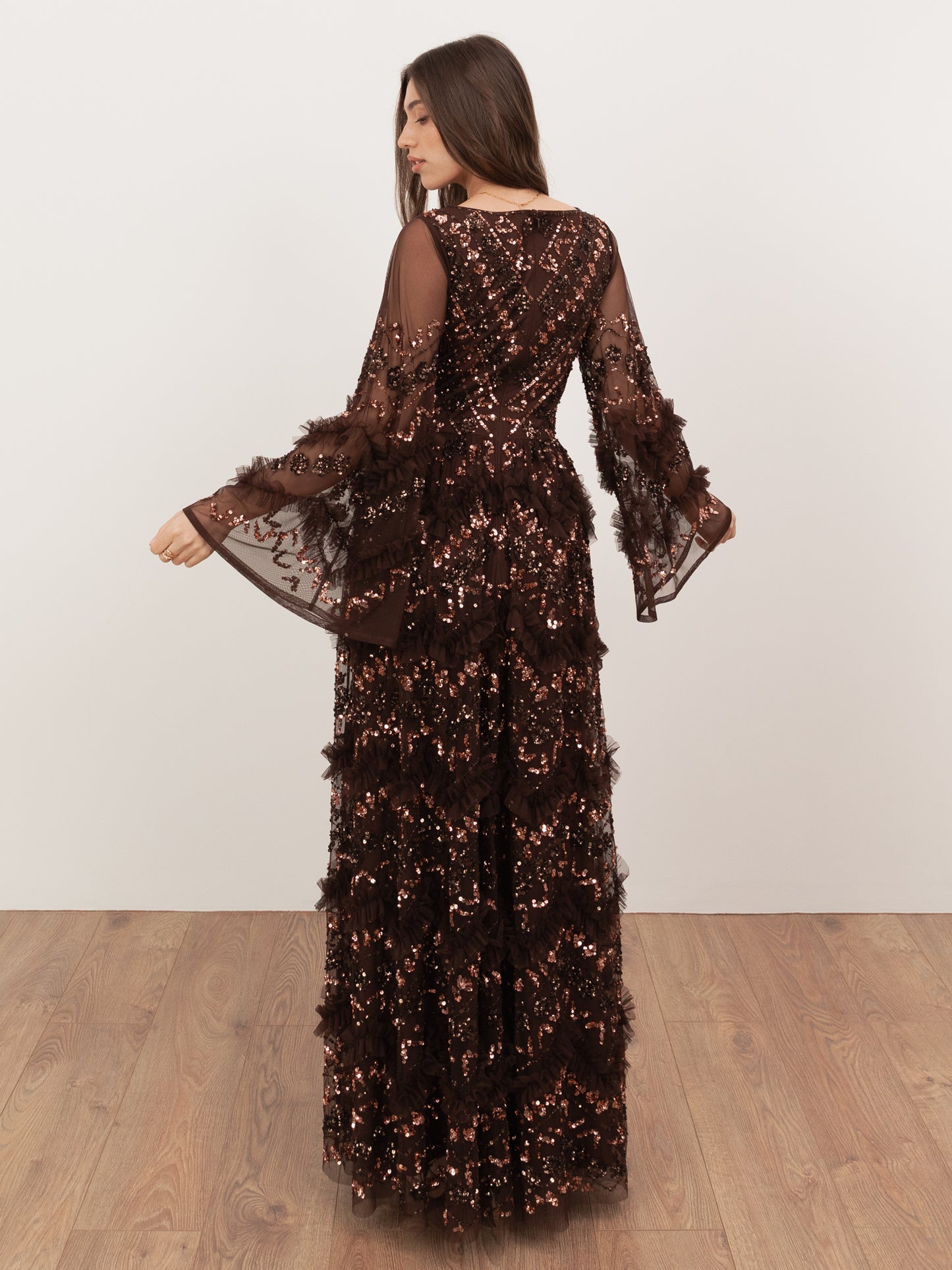 Maya Chocolate Fully Embellished Maxi Dress with Frill Detail