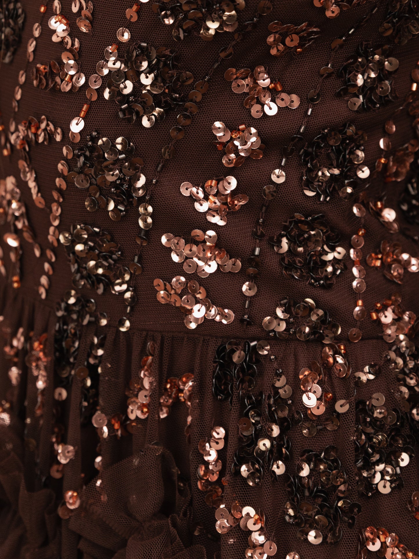 Maya Chocolate Fully Embellished Maxi Dress with Frill Detail