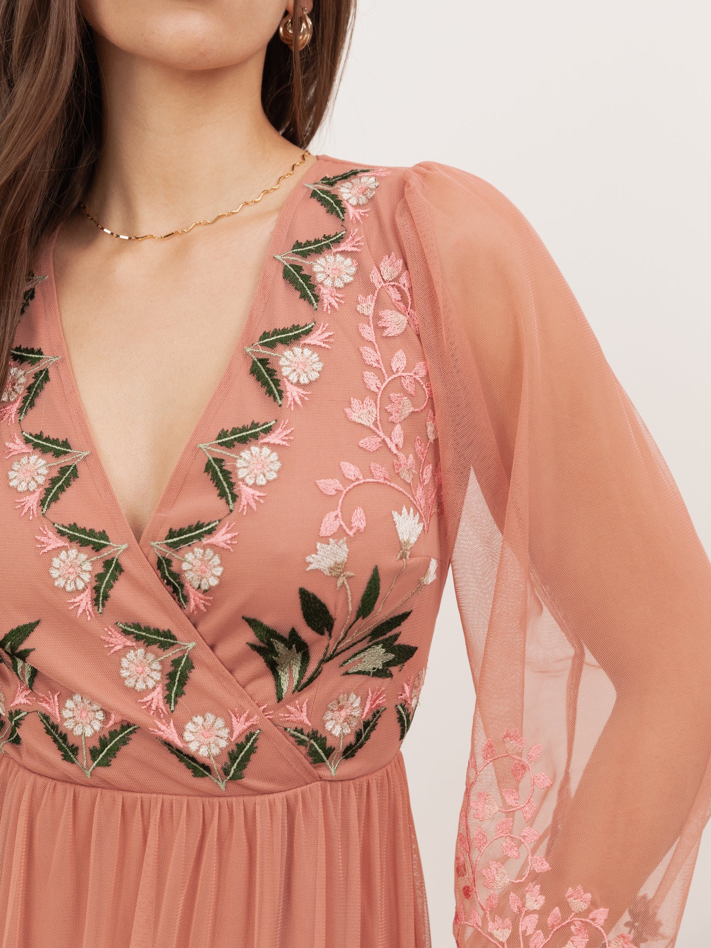 Maya Terracotta Pink Embroidered Faux Wrap Maxi Sleeve Midaxi Dress