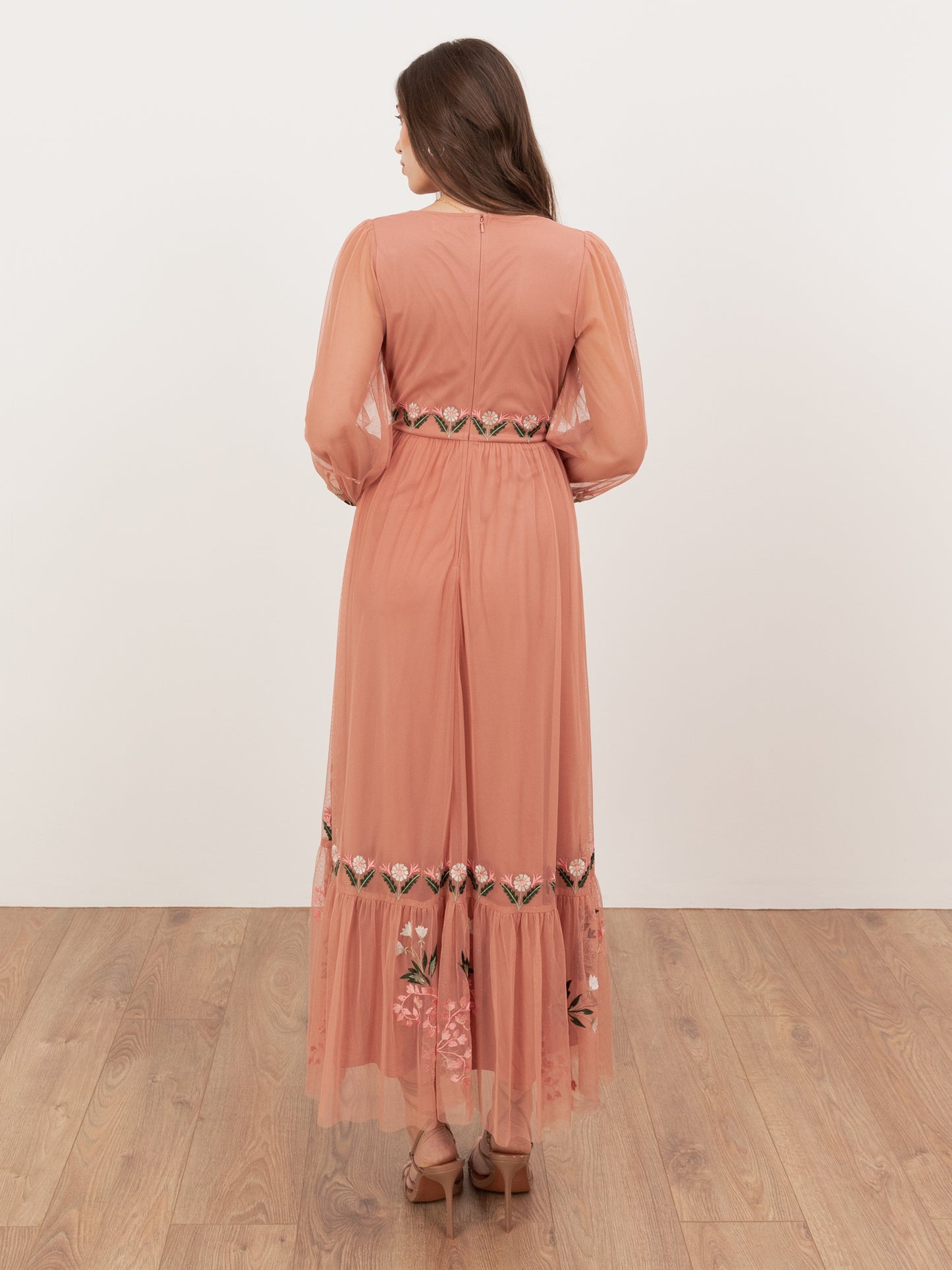 Maya Terracotta Pink Embroidered Faux Wrap Maxi Sleeve Midaxi Dress
