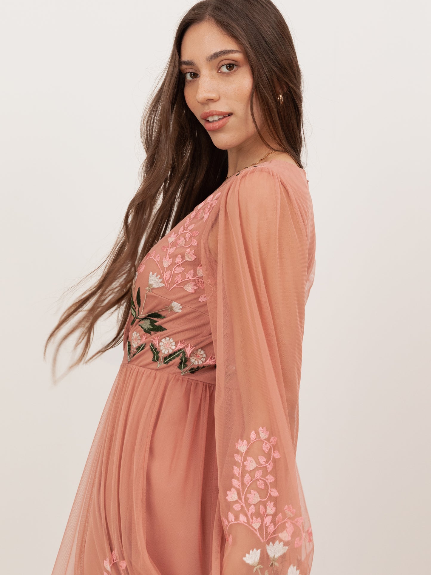 Maya Terracotta Pink Embroidered Faux Wrap Maxi Sleeve Midaxi Dress