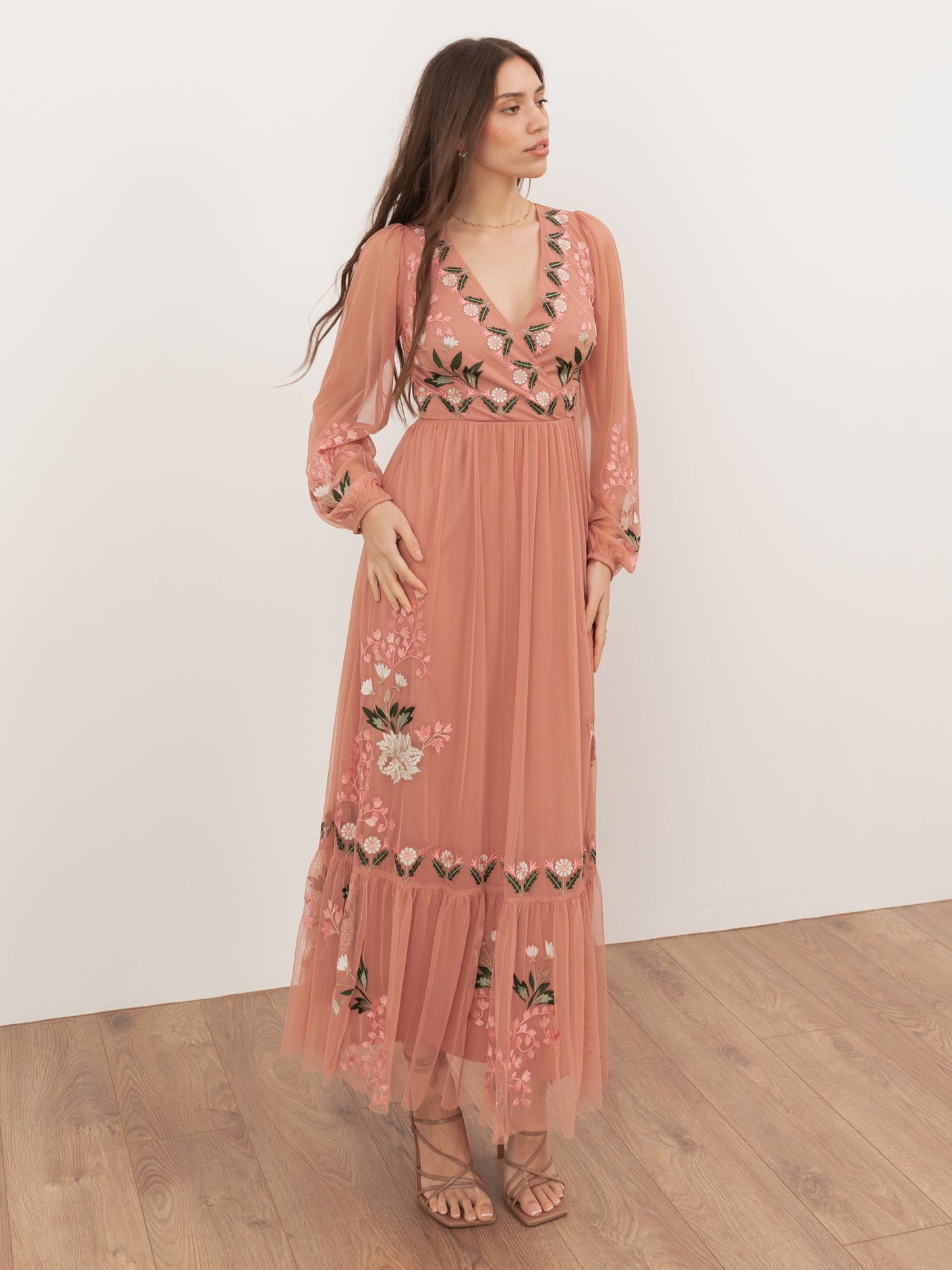 Maya Terracotta Pink Embroidered Faux Wrap Maxi Sleeve Midaxi Dress