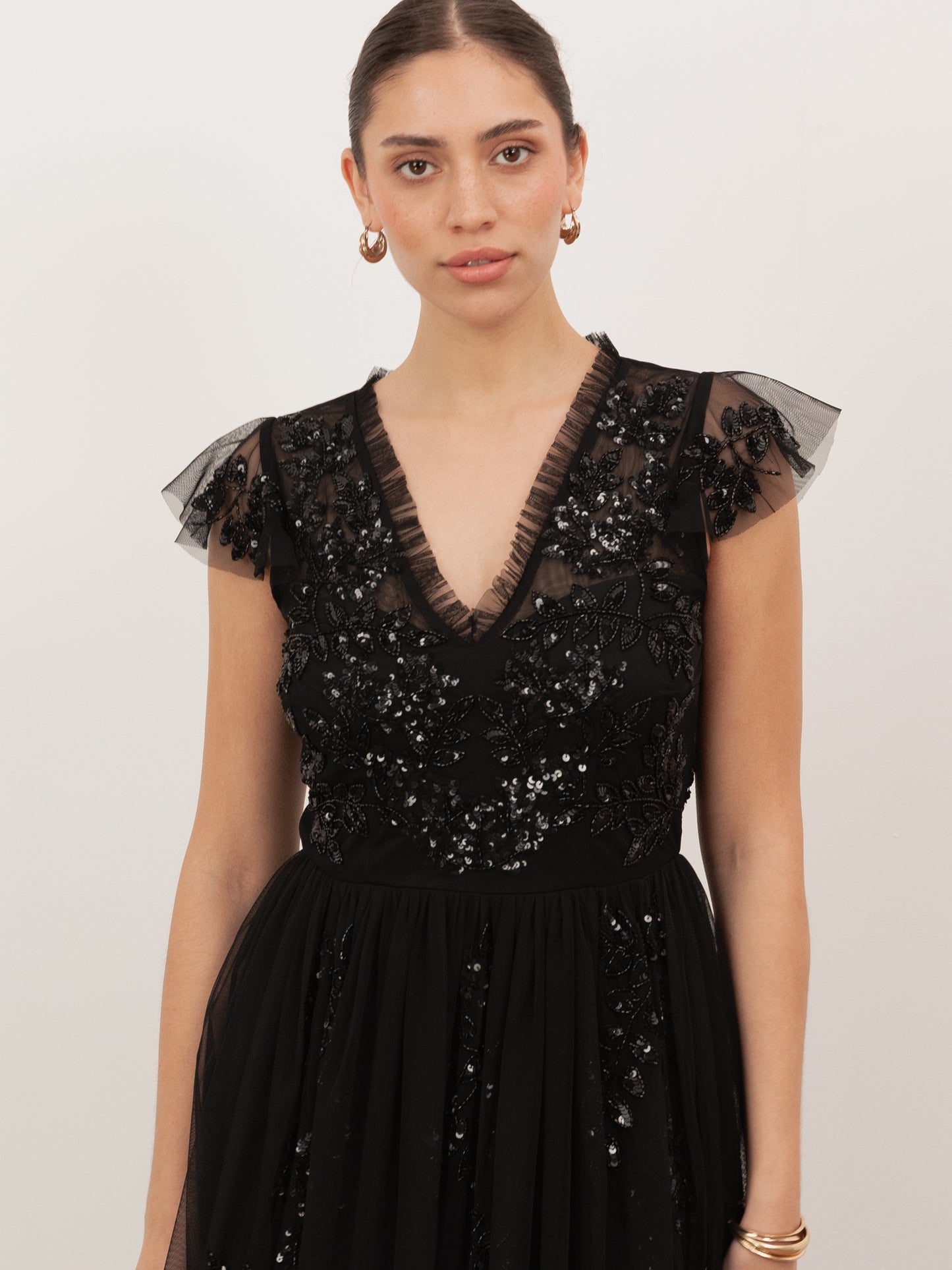 Maya Black Embellished Tulle Maxi Dress with Open Back