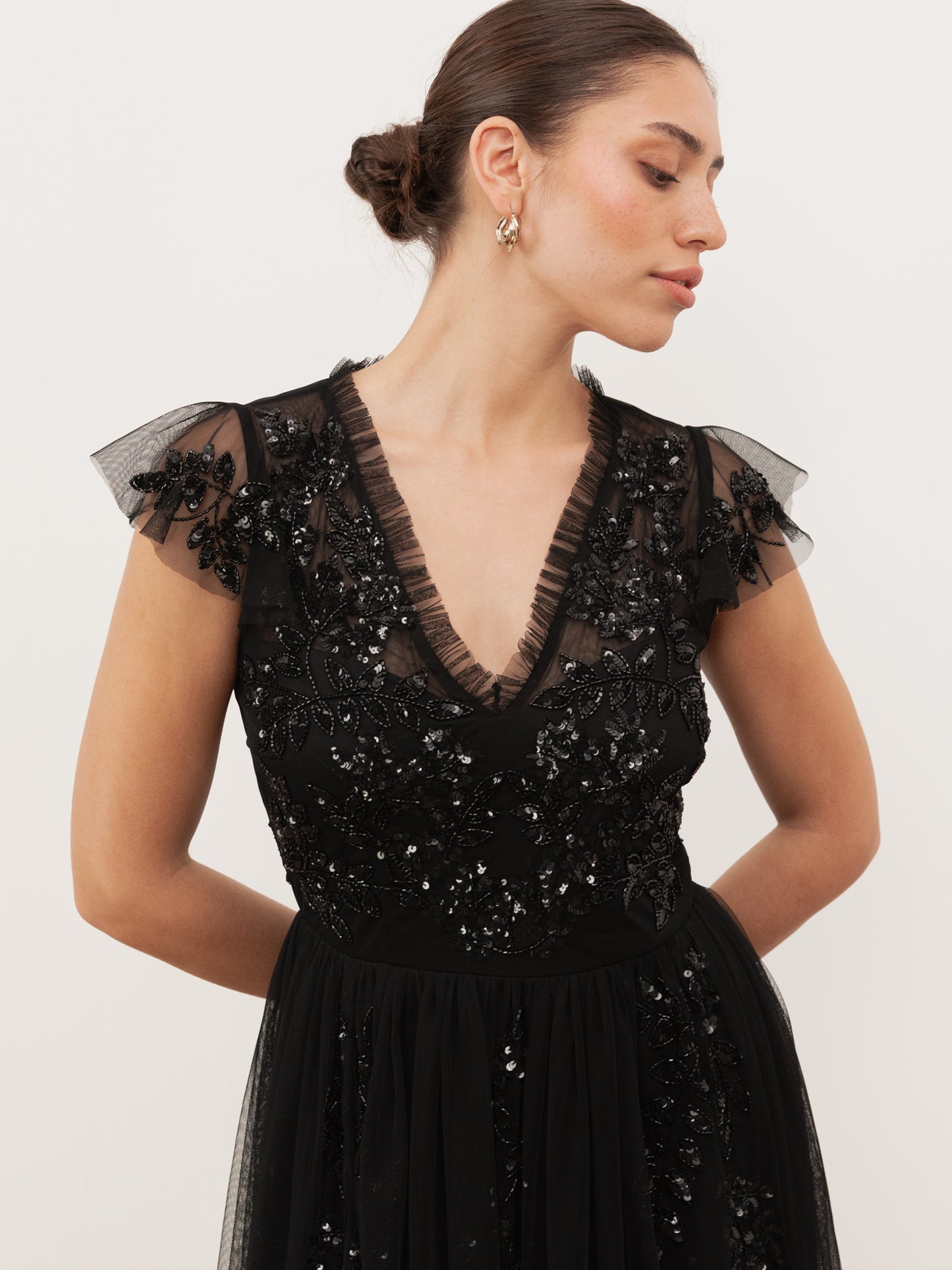 Maya Black Embellished Tulle Maxi Dress with Open Back