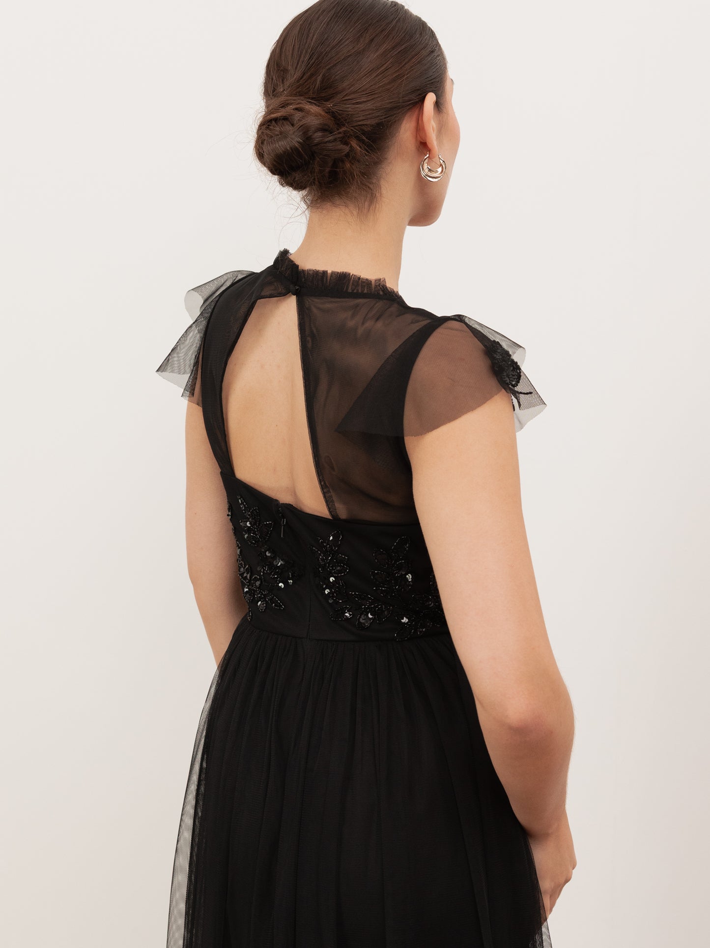 Maya Black Embellished Tulle Maxi Dress with Open Back
