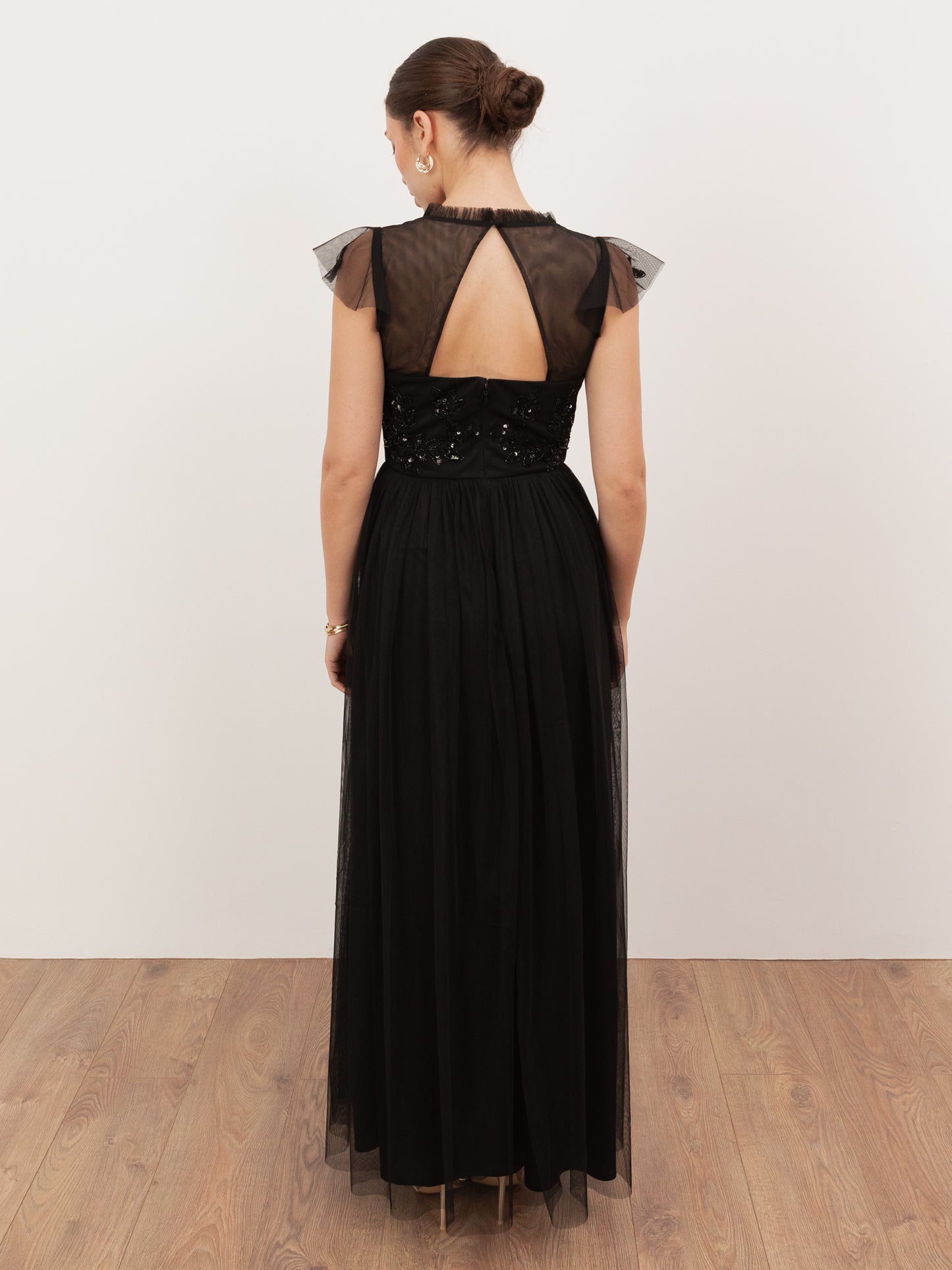 Maya Black Embellished Tulle Maxi Dress with Open Back