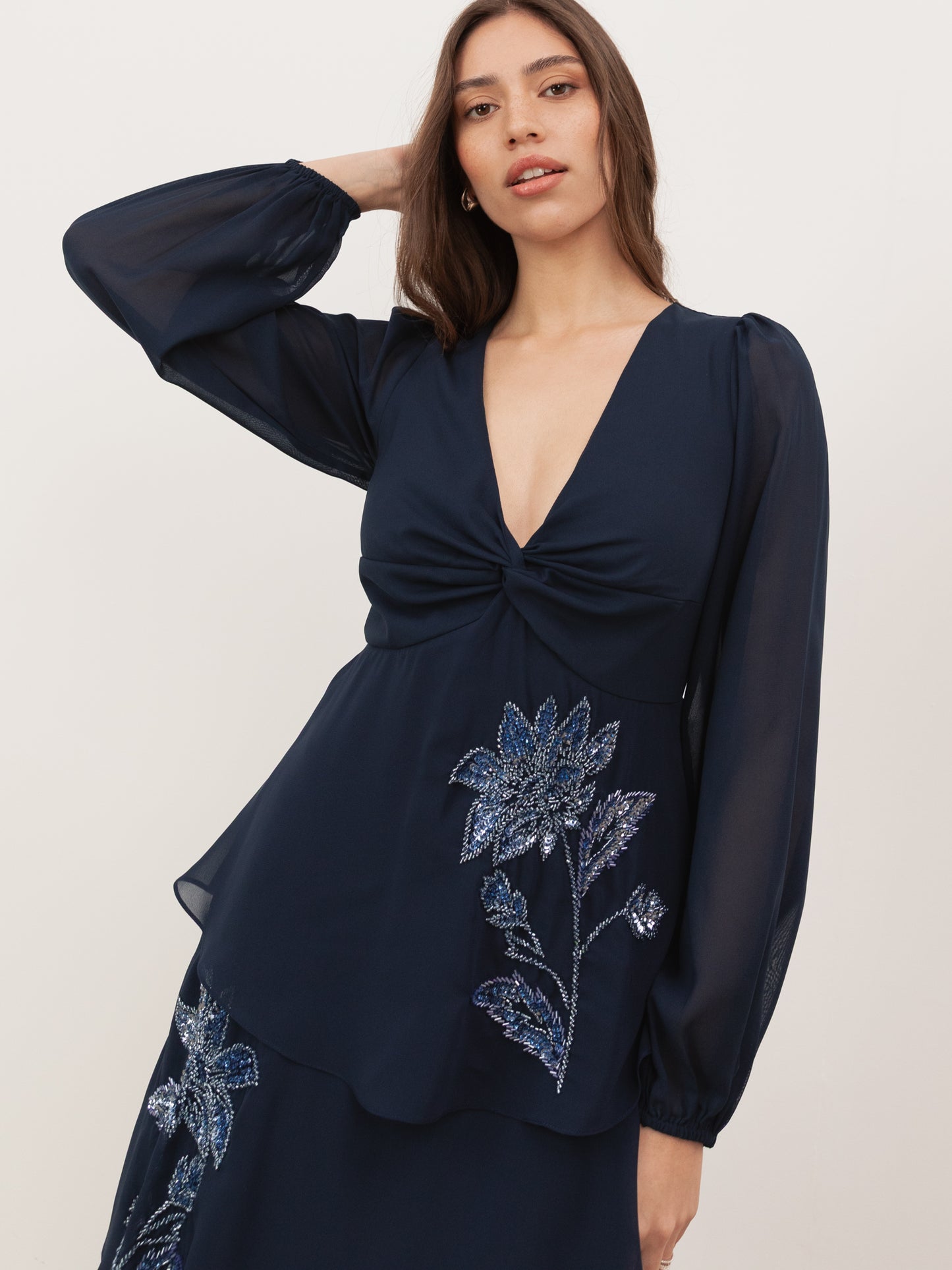 Maya Navy Floral Embellished Twist-Front Maxi Sleeve Tiered Midaxi Dress