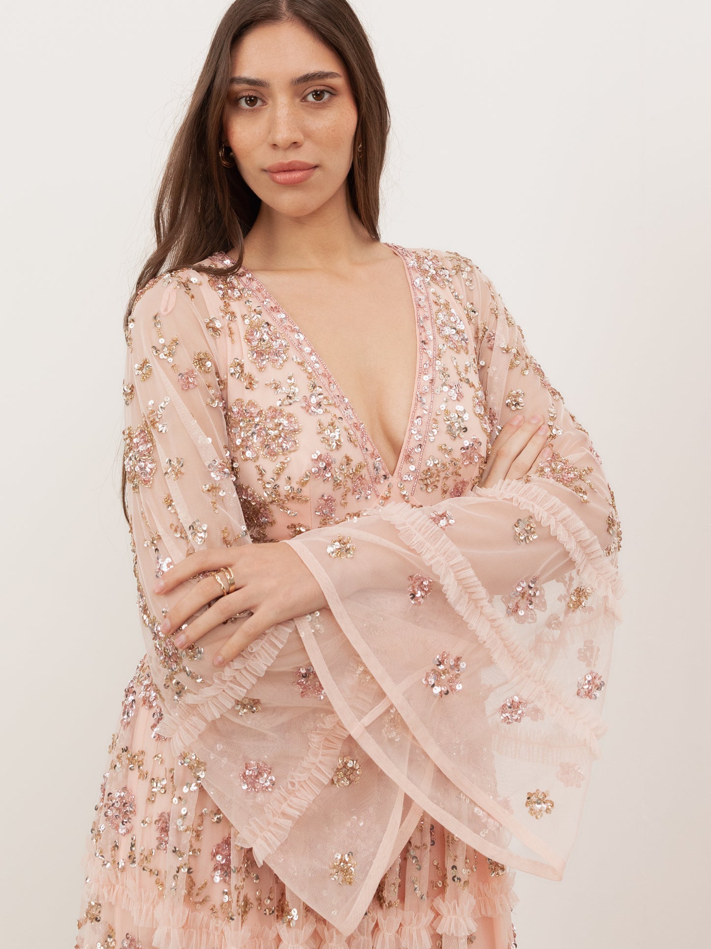 Maya Peach Fully Embellished Flared Maxi Sleeve Maxi Dress