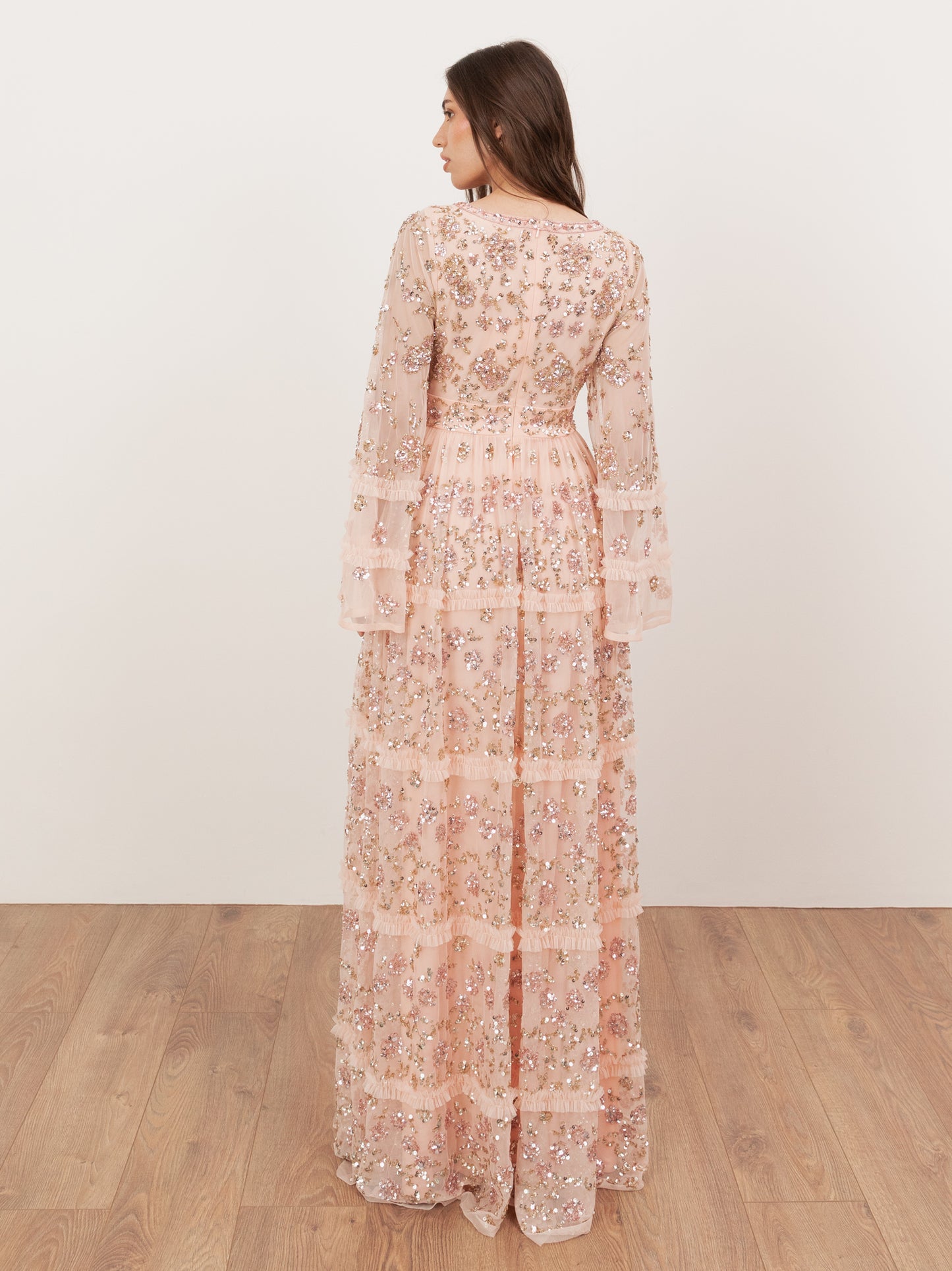 Maya Peach Fully Embellished Flared Maxi Sleeve Maxi Dress