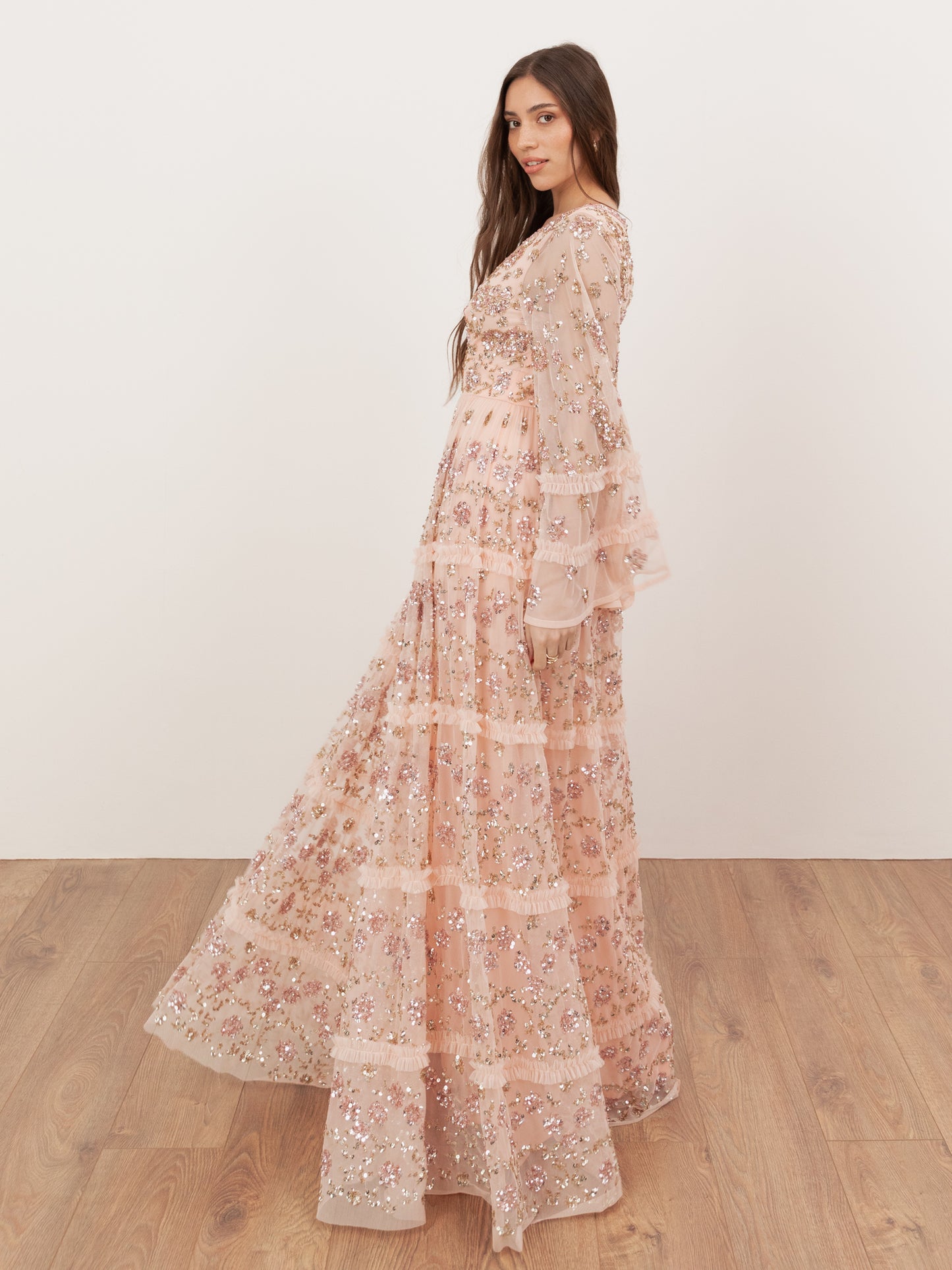 Maya Peach Fully Embellished Flared Maxi Sleeve Maxi Dress