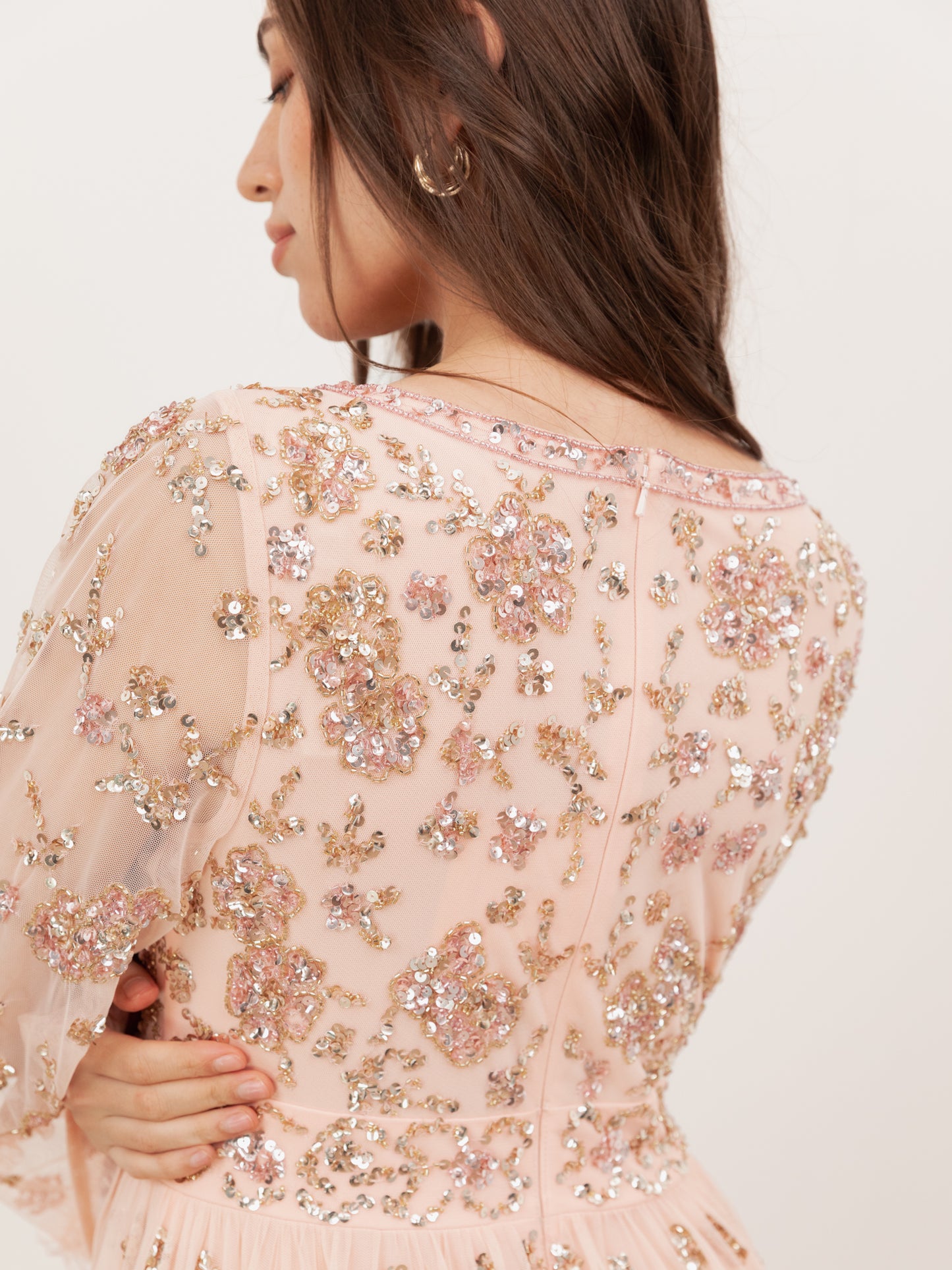 Maya Peach Fully Embellished Flared Maxi Sleeve Maxi Dress