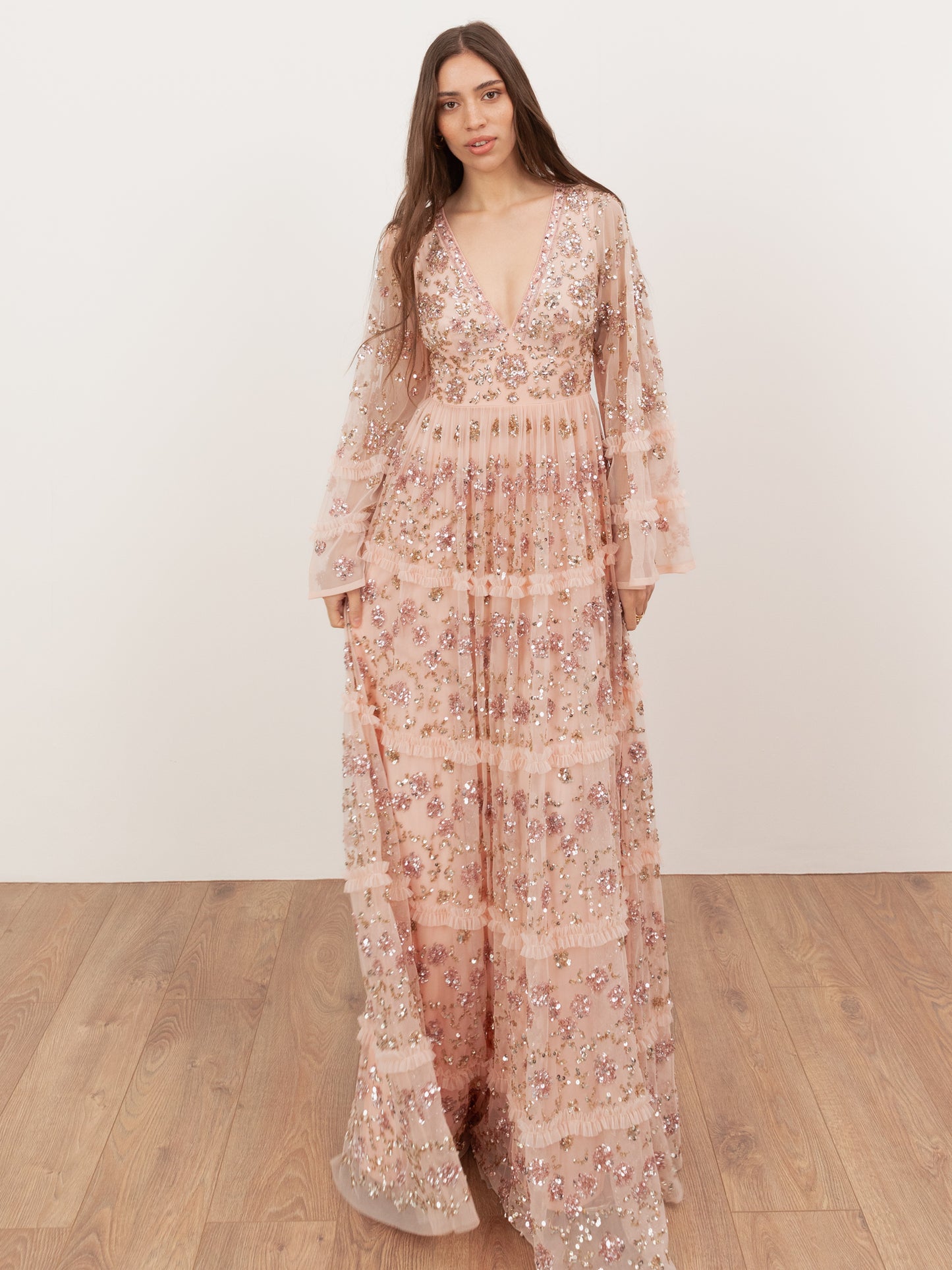 Maya Peach Fully Embellished Flared Maxi Sleeve Maxi Dress