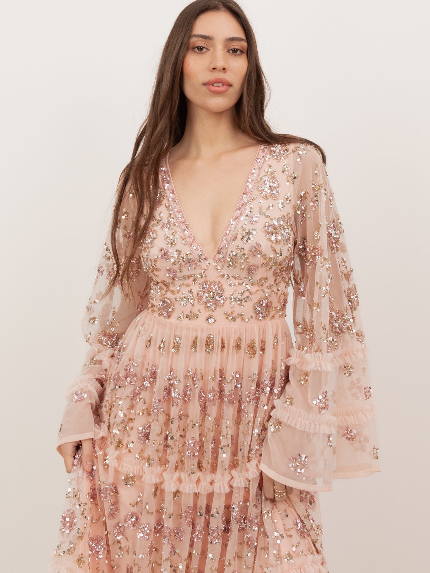 Maya Peach Fully Embellished Flared Maxi Sleeve Maxi Dress