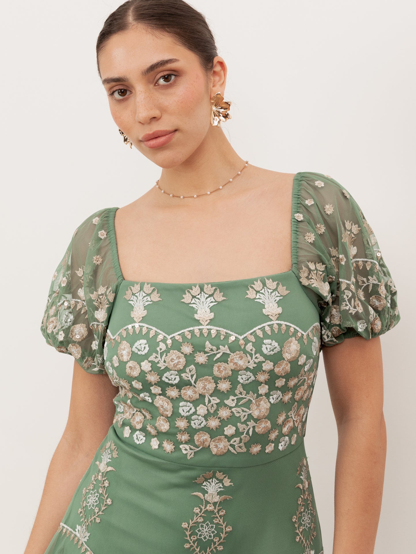 Maya Green Embroidered Square Neck Puff Sleeve Maxi Dress