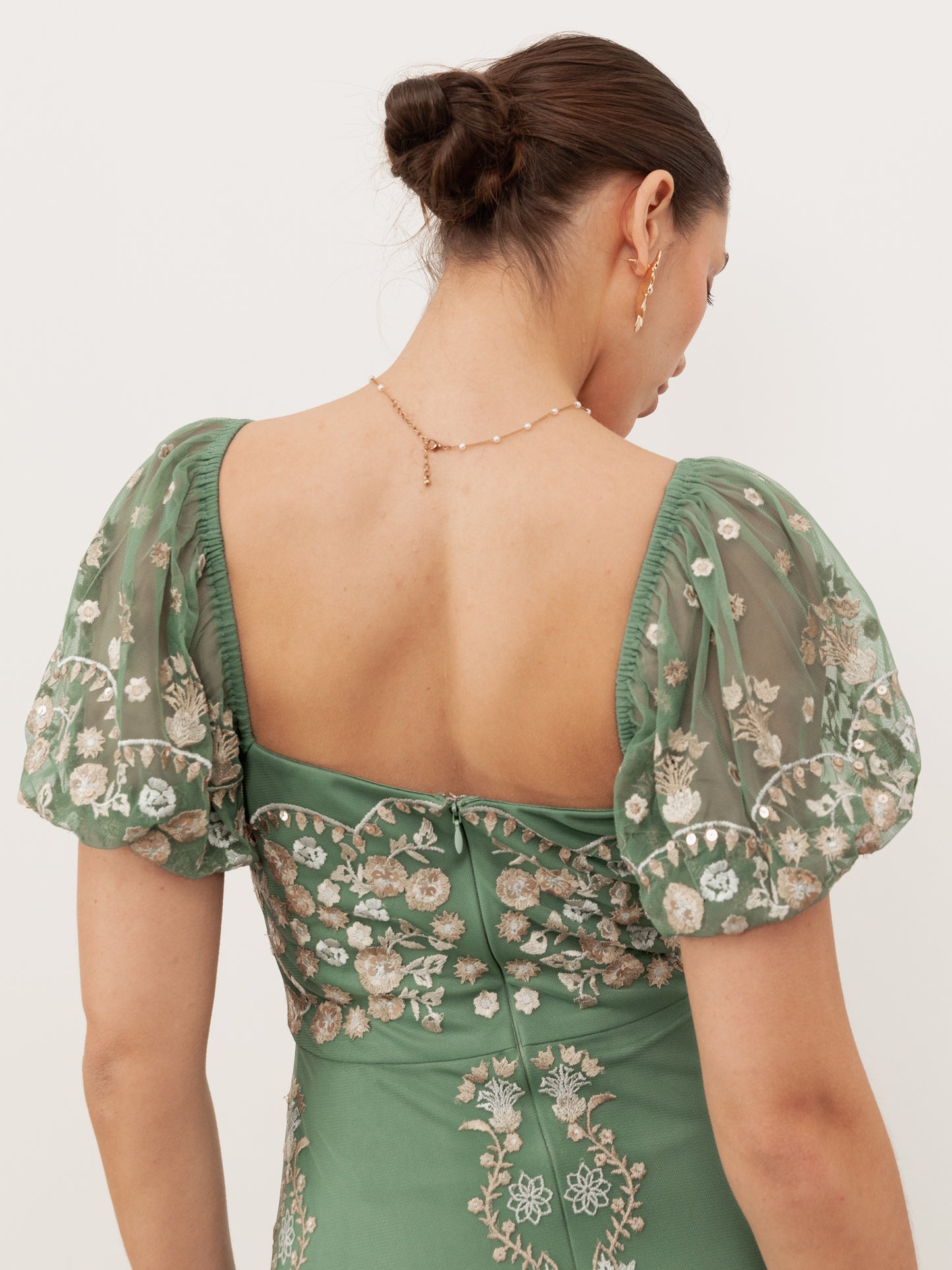 Maya Green Embroidered Square Neck Puff Sleeve Maxi Dress