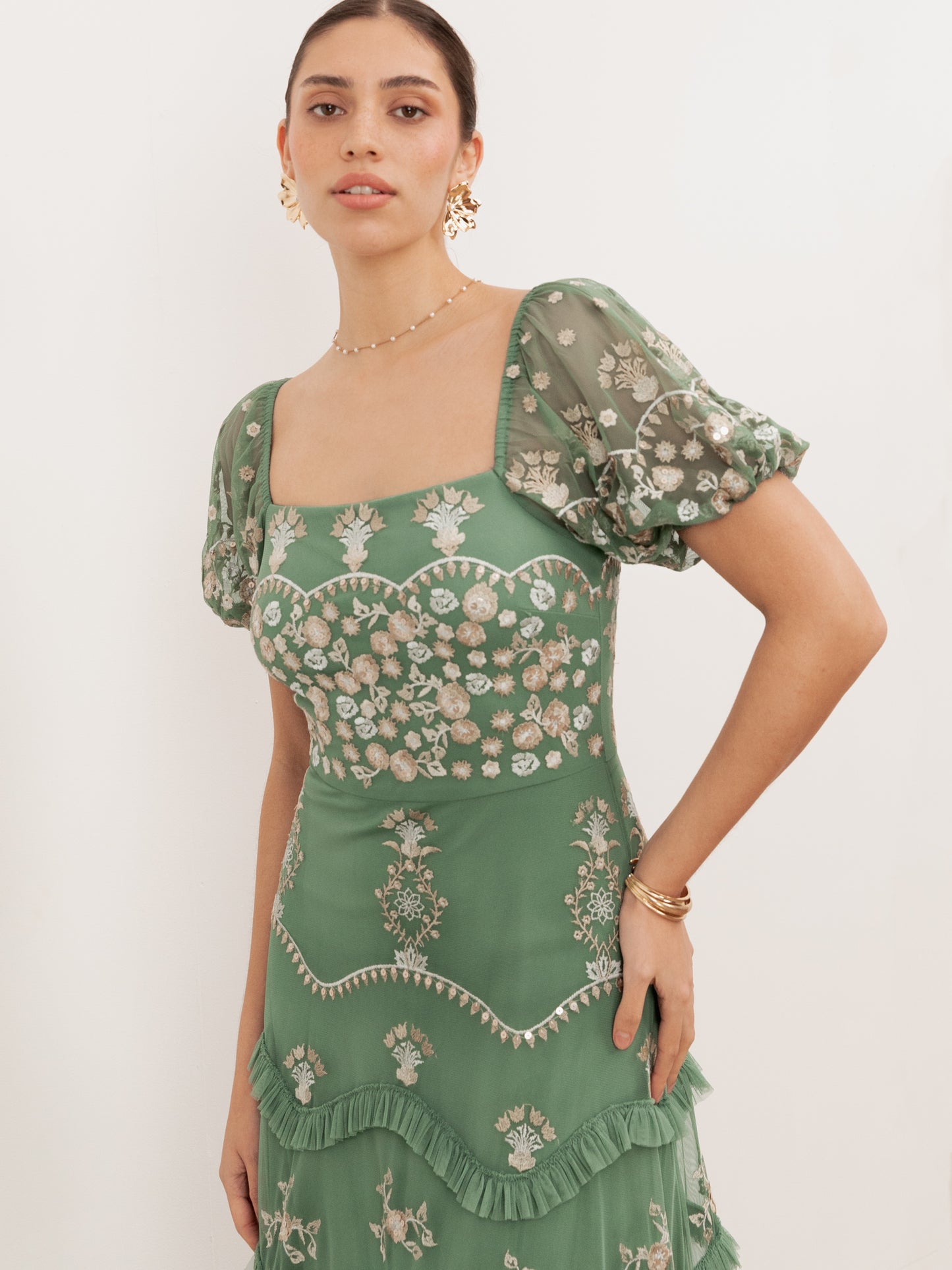 Maya Green Embroidered Square Neck Puff Sleeve Maxi Dress